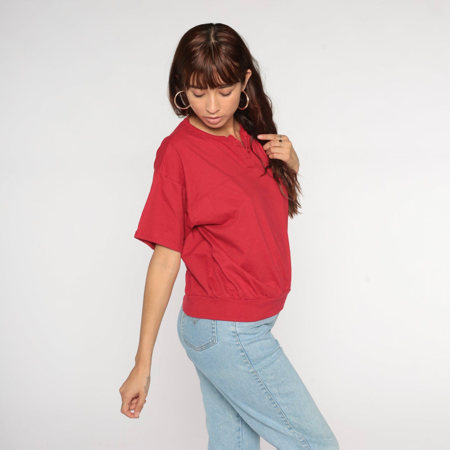 90s Red Henley Shirt Short Sleeve Banded Hem Extra Large XL