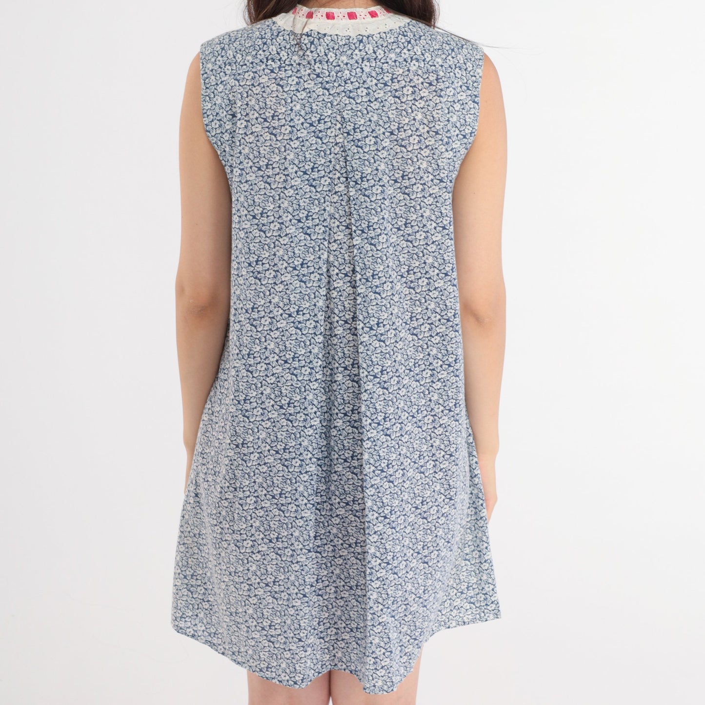 80s Liberty House Floral Eyelet Mini Shift Dress Blue White Medium 8