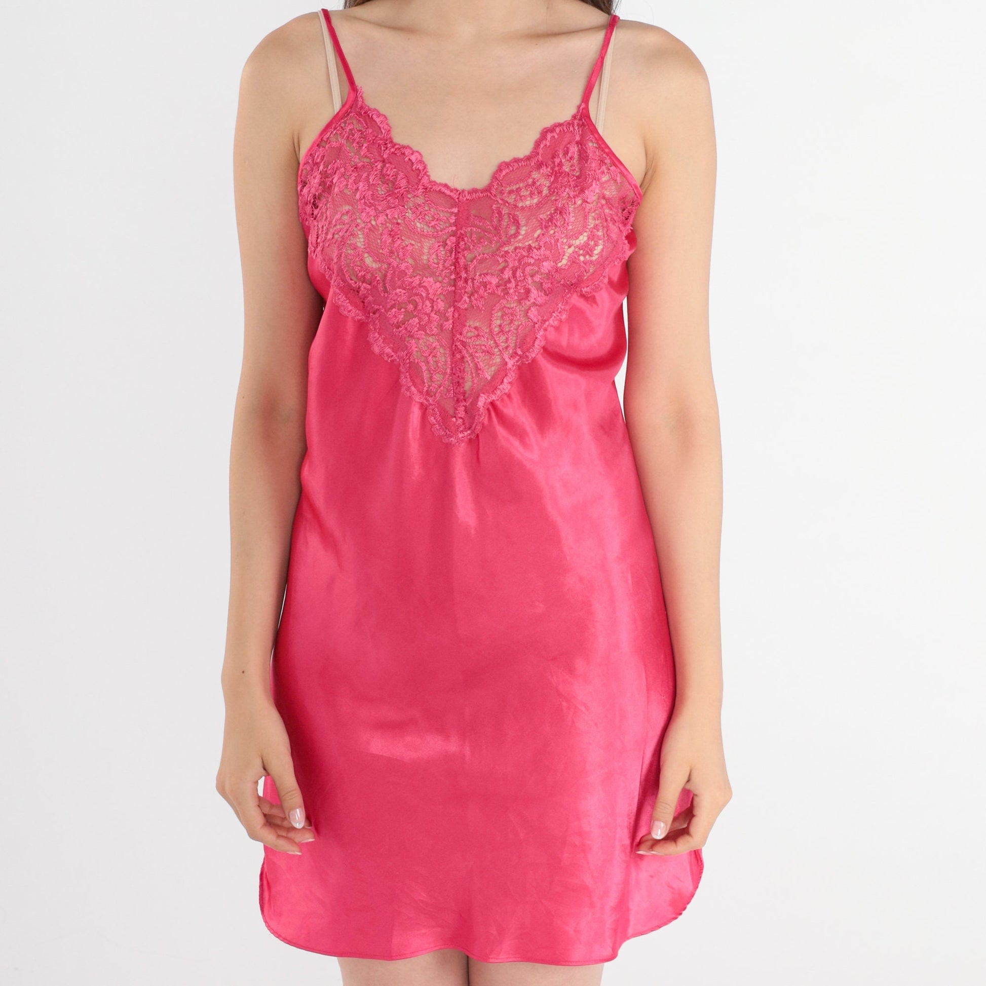 90s Pink Satin Slip Dress Floral Lace Mini Nightgown Spaghetti Strap Medium