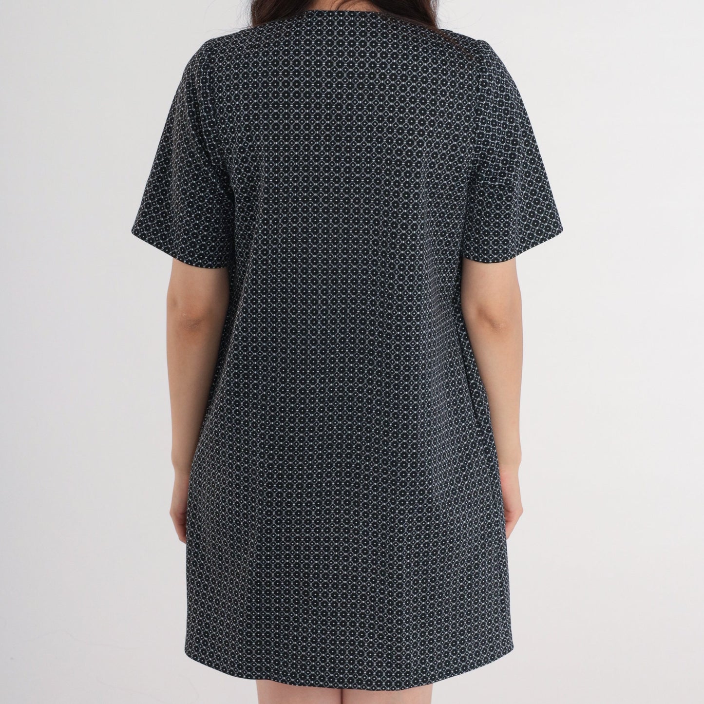 60s Mod Mini Dress Geometric Print Black White Front Zip Shift Medium