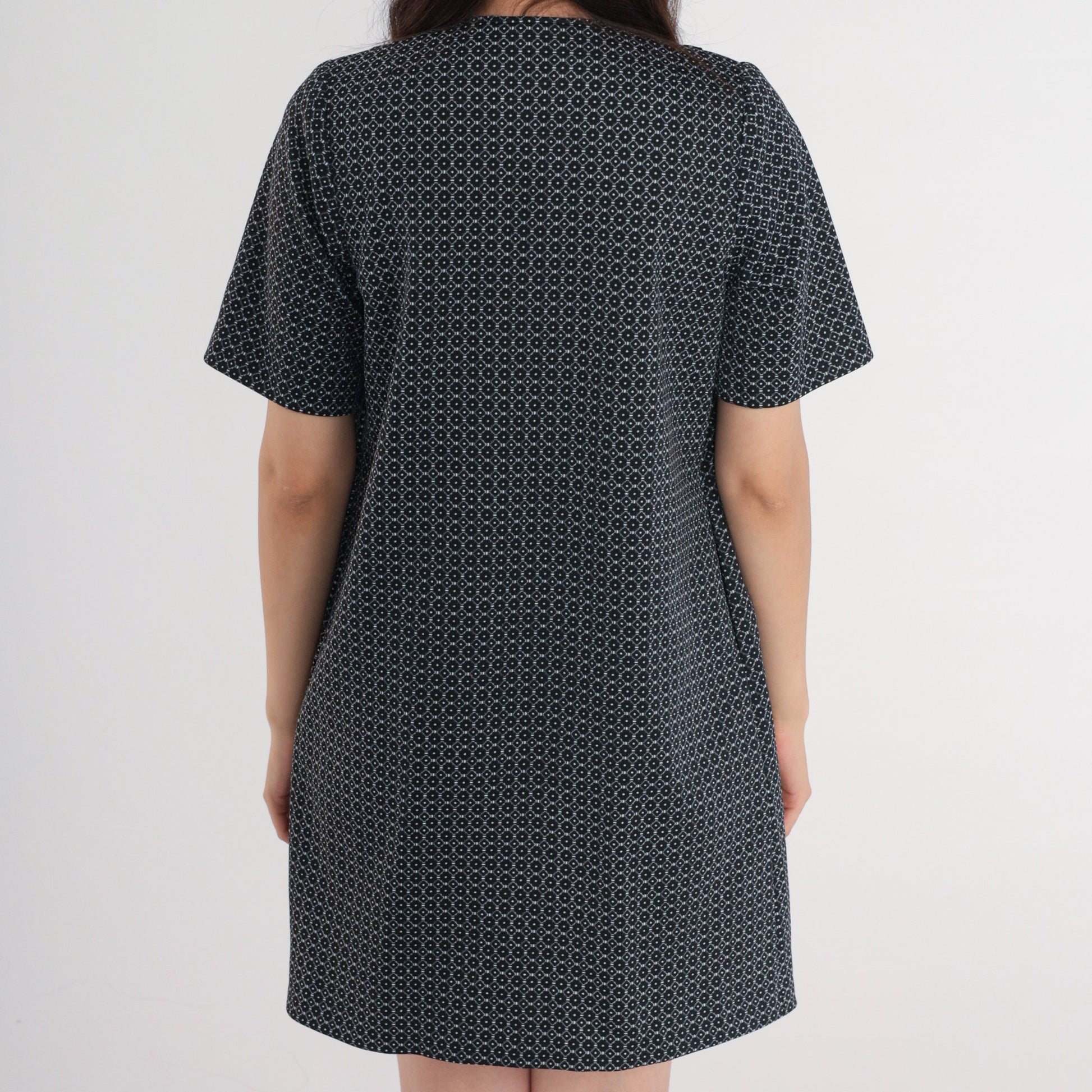 60s Mod Mini Dress Geometric Print Black White Front Zip Shift Medium