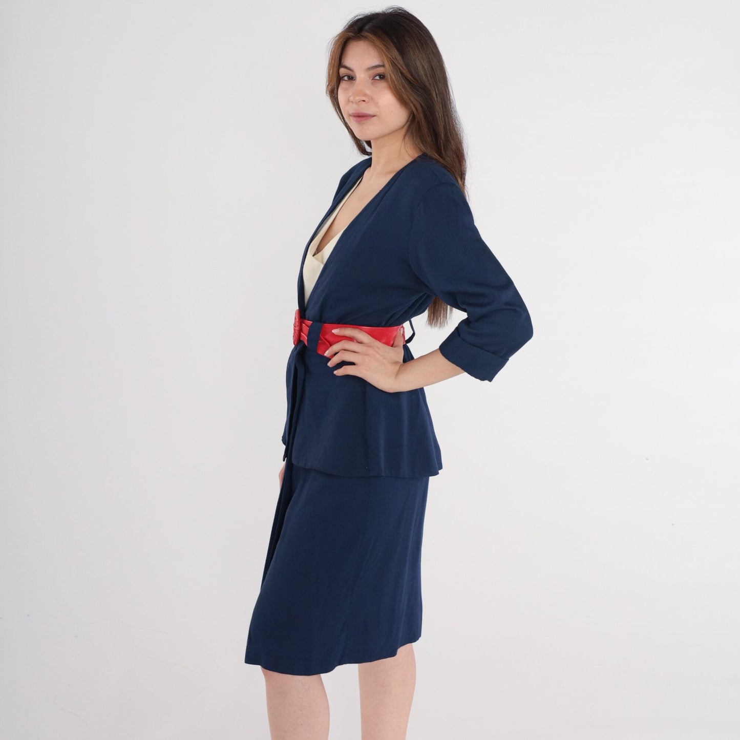80s Michael Blair Wrap Dress Deep V Neck High Waist Midi Navy Blue Small