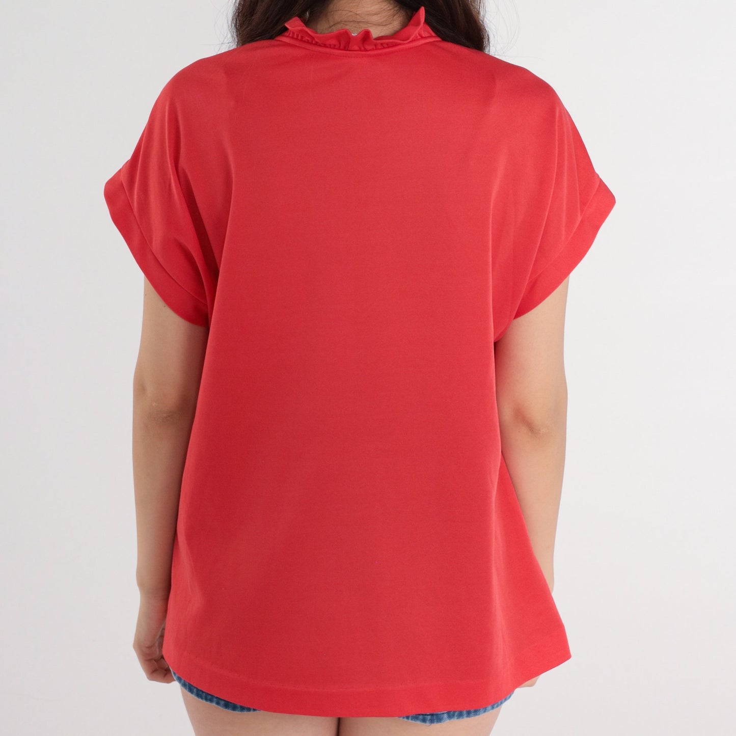 70s Red Blouse Ruffled V Neck Cap Sleeve Disco Shirt Large L
