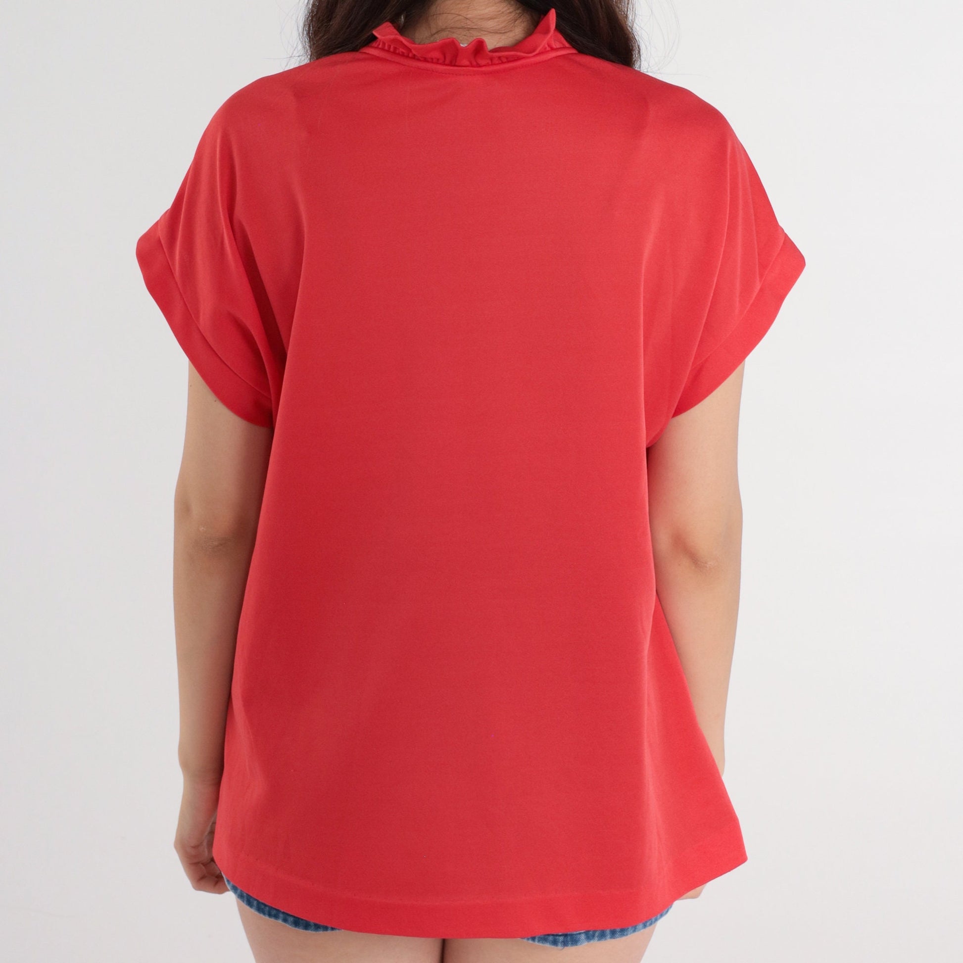 70s Red Blouse Ruffled V Neck Cap Sleeve Disco Shirt Large L