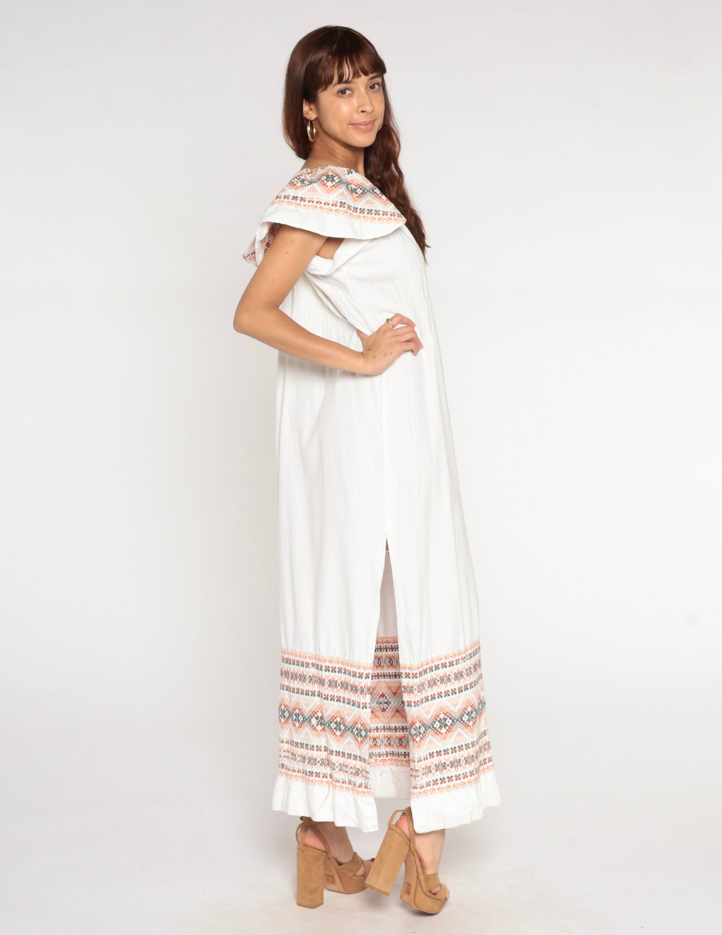 90s White Cotton Maxi Dress Aztec Embroidery Off-Shoulder Flutter Sleeve Medium