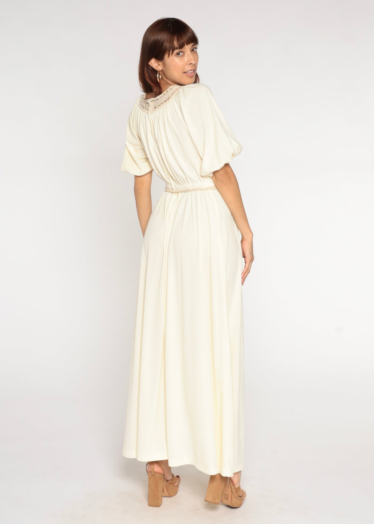 70s Cream Maxi Dress Crochet Trim High Waist Blouson Small