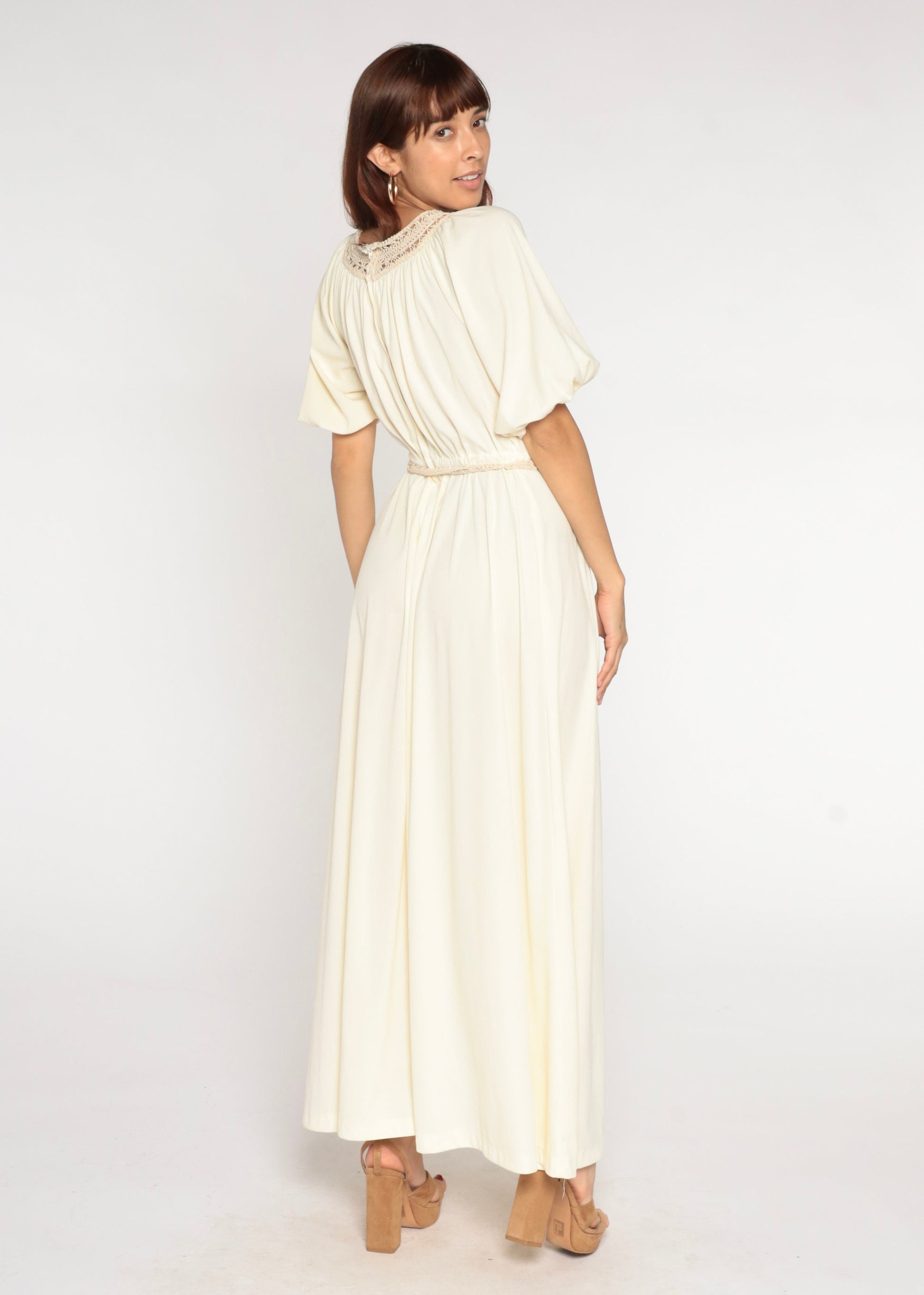 70s Cream Maxi Dress Crochet Trim High Waist Blouson Small