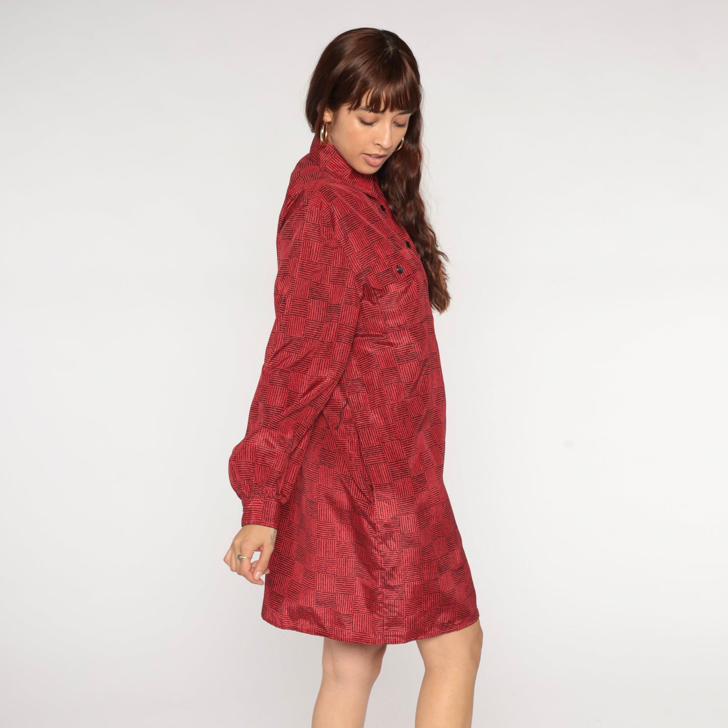 80s Red Black Checkered Mini Shirtdress Button Up Collar Long Sleeve Medium