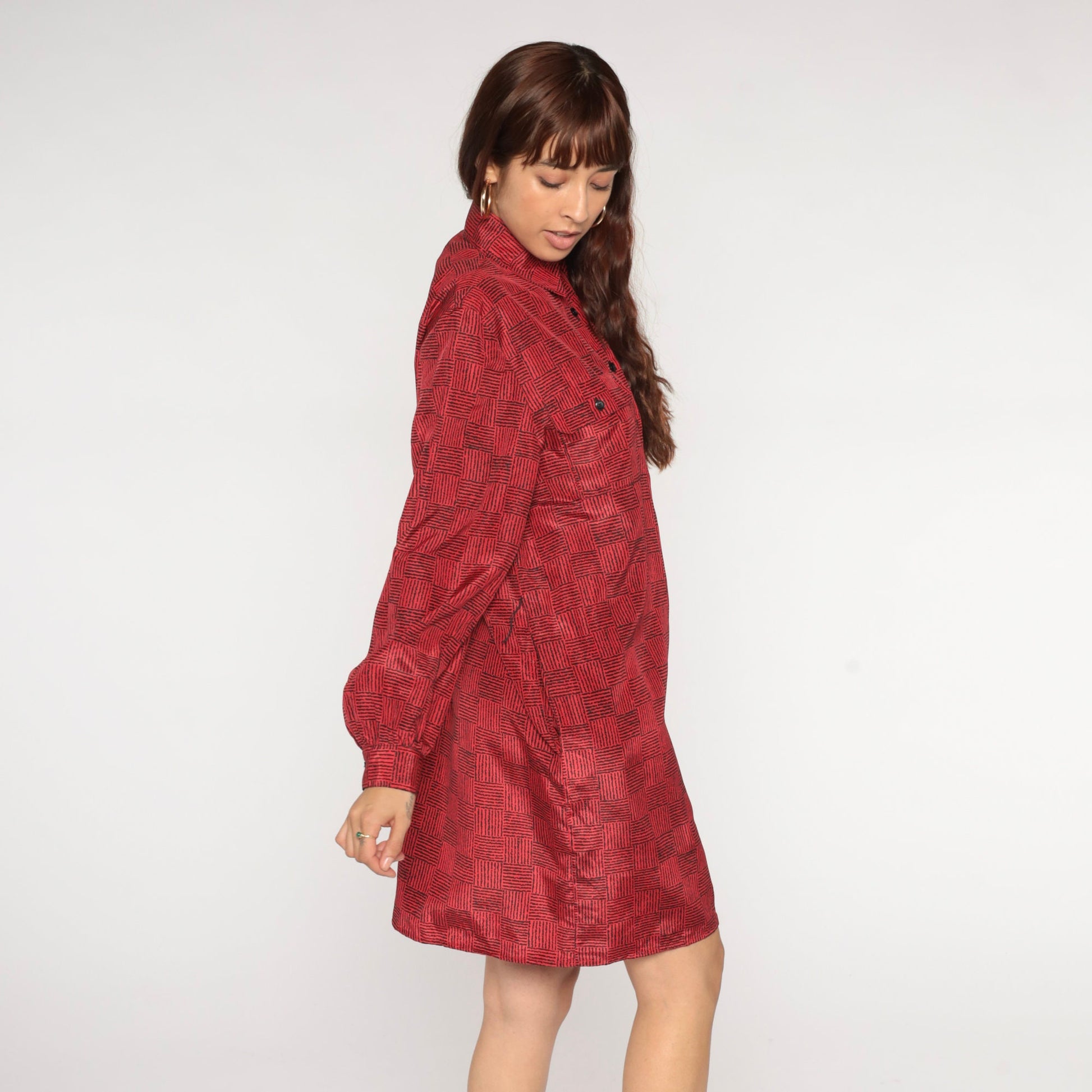 80s Red Black Checkered Mini Shirtdress Button Up Collar Long Sleeve Medium