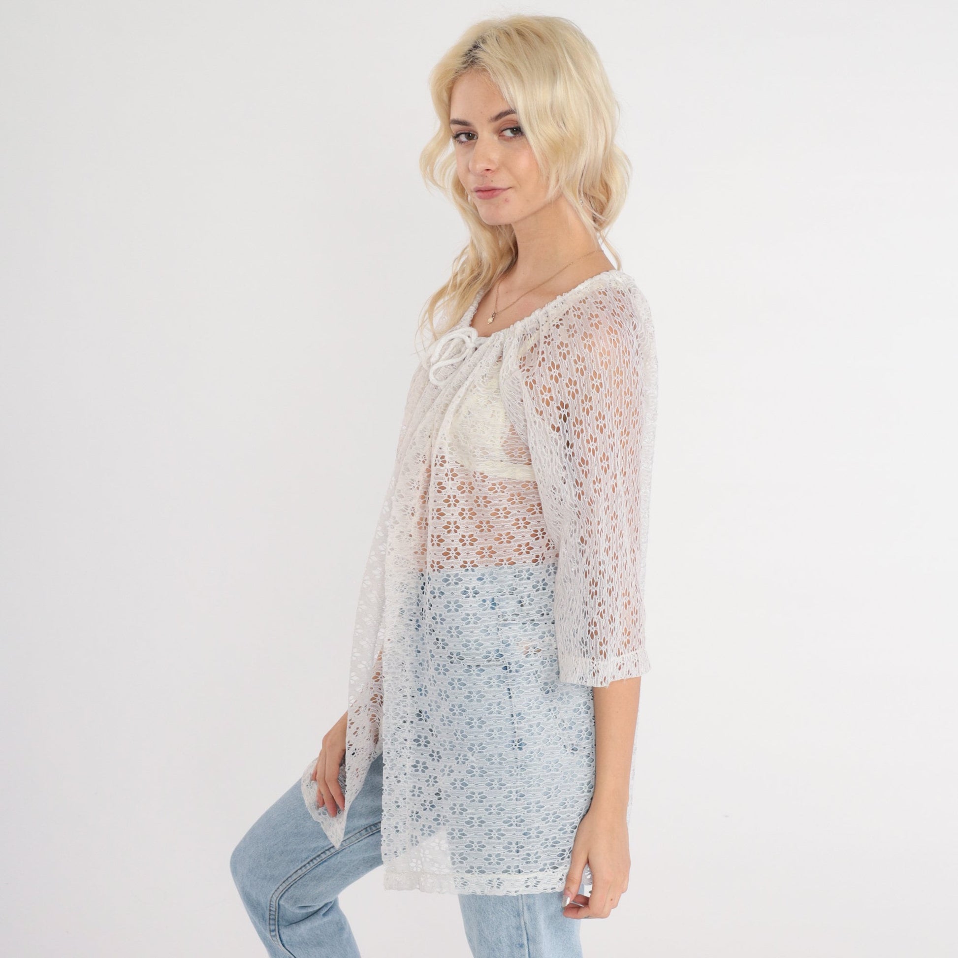 80s White Floral Lace Blouse Open Front Tie Neck 3/4 Sleeve Small