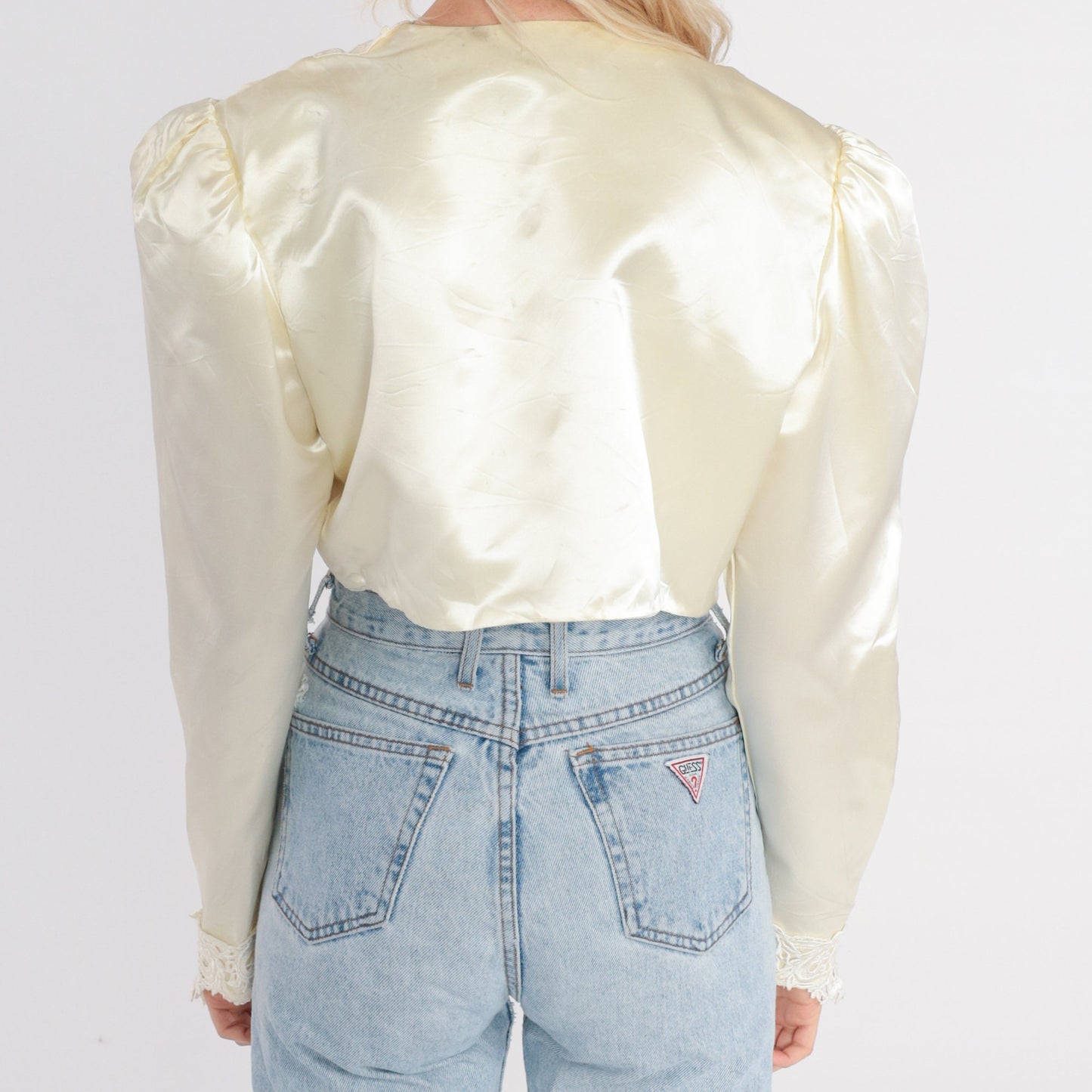 80s Jessica McClintock Cream Satin Cropped Jacket Puff Sleeve Lace Trim Extra Small