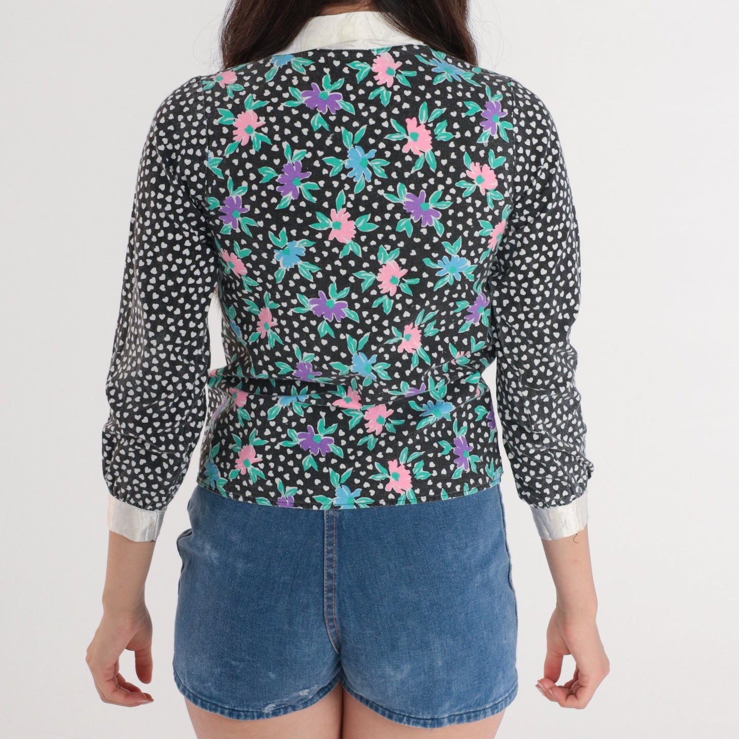 90s Floral Polka Dot Button-Up Blouse White Black Heart Long Sleeve XXS