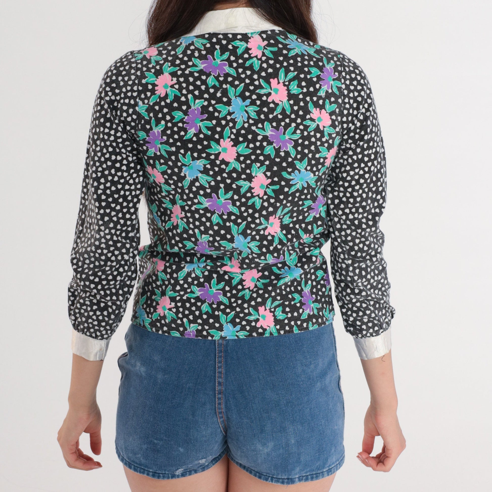 90s Floral Polka Dot Button-Up Blouse White Black Heart Long Sleeve XXS