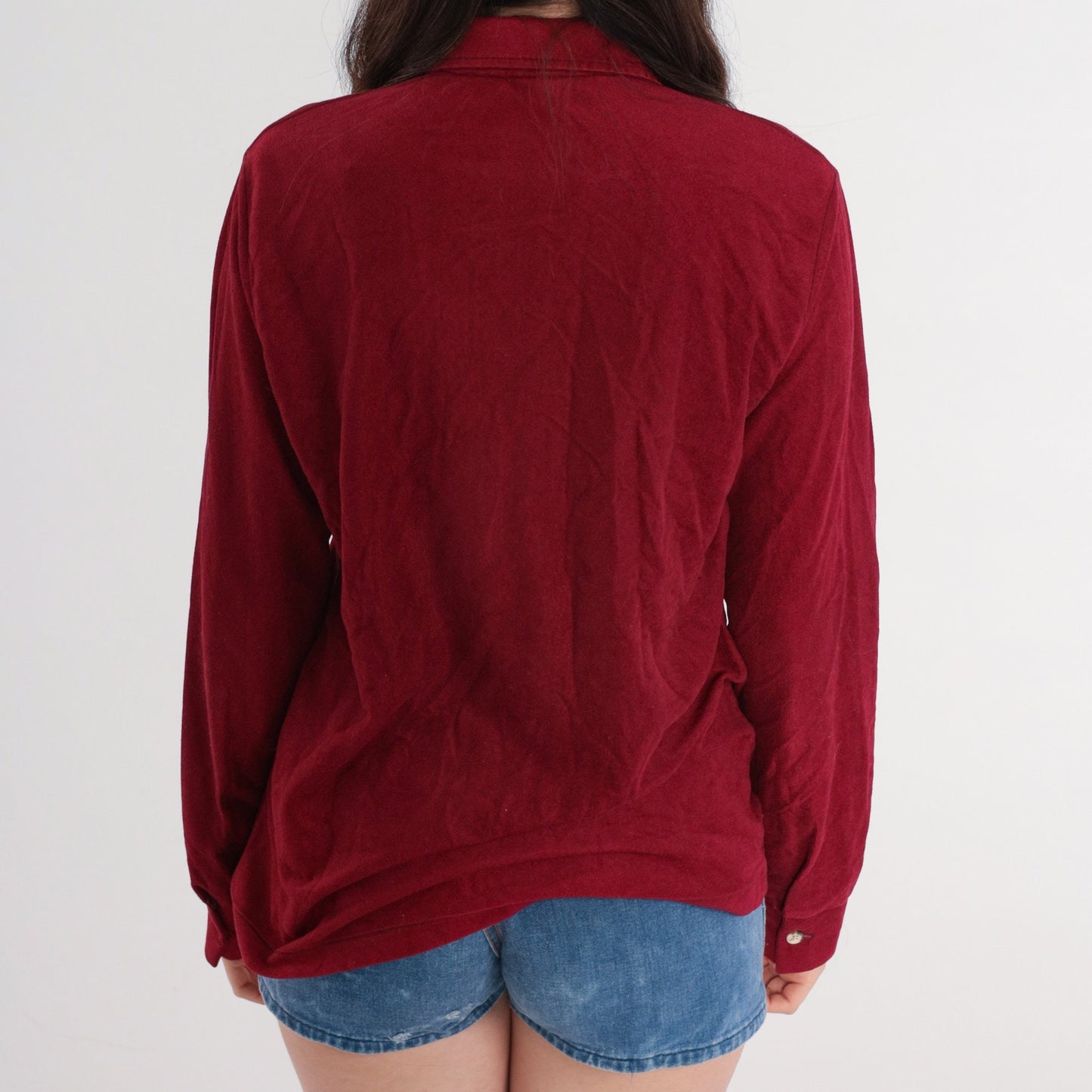 80s Burgundy Polo Shirt Half Button Long Sleeve Men's Small