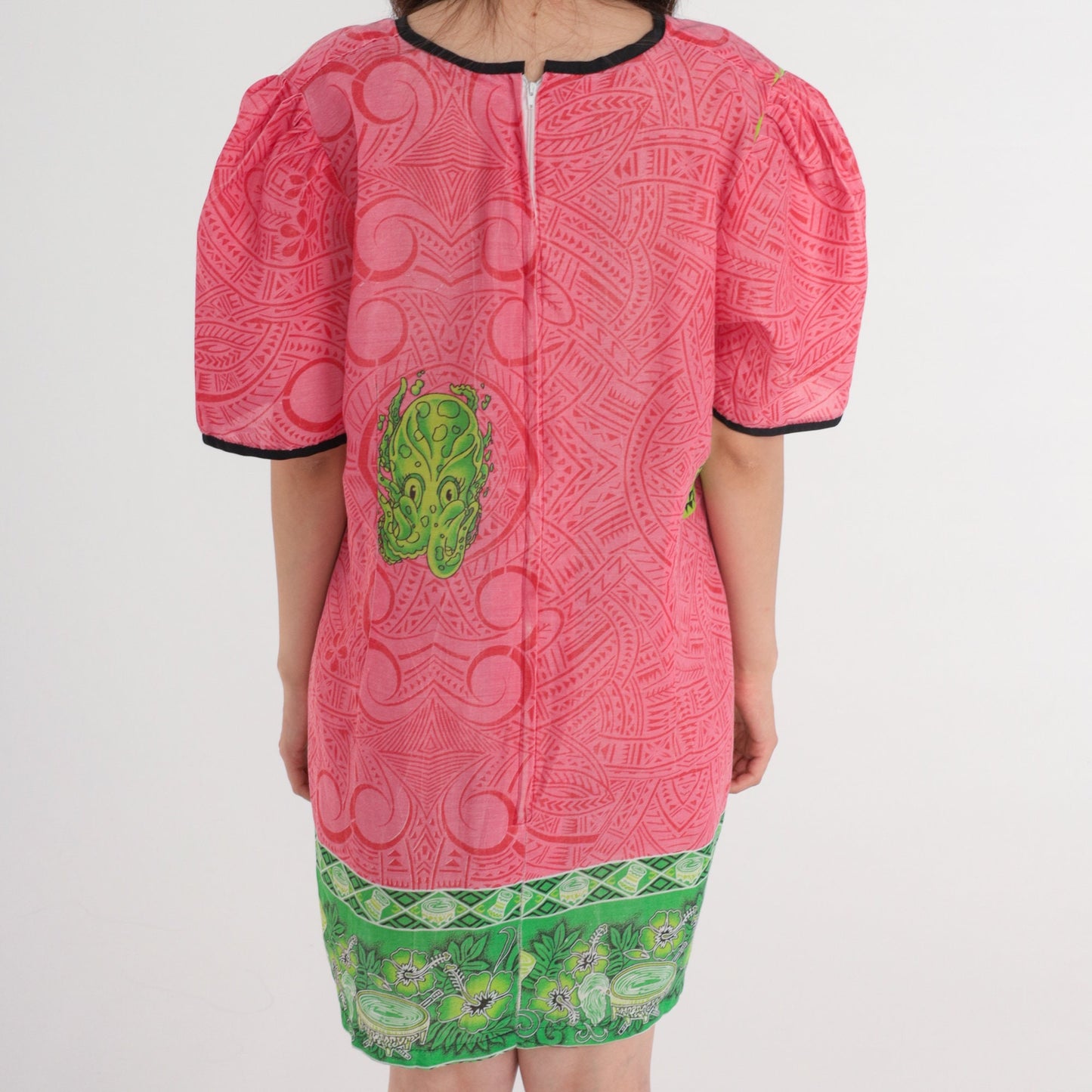 90s Hawaiian Squid Print Mini Dress Puff Sleeve Shift Pink Extra Large XXL