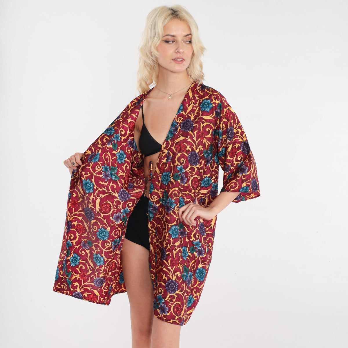 90s L.A Intimates Burgundy Floral Kimono Robe Mini Wrap Medium M