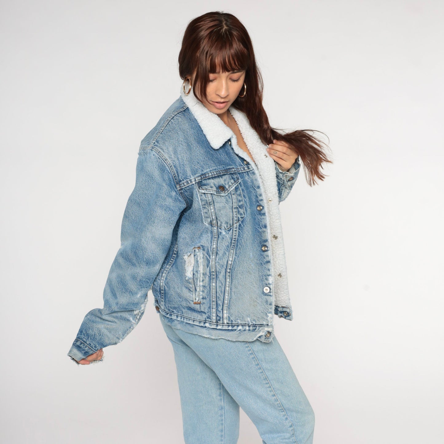 80s Levi's Sherpa Denim Jacket Blue Distressed Trucker Men's Large 44