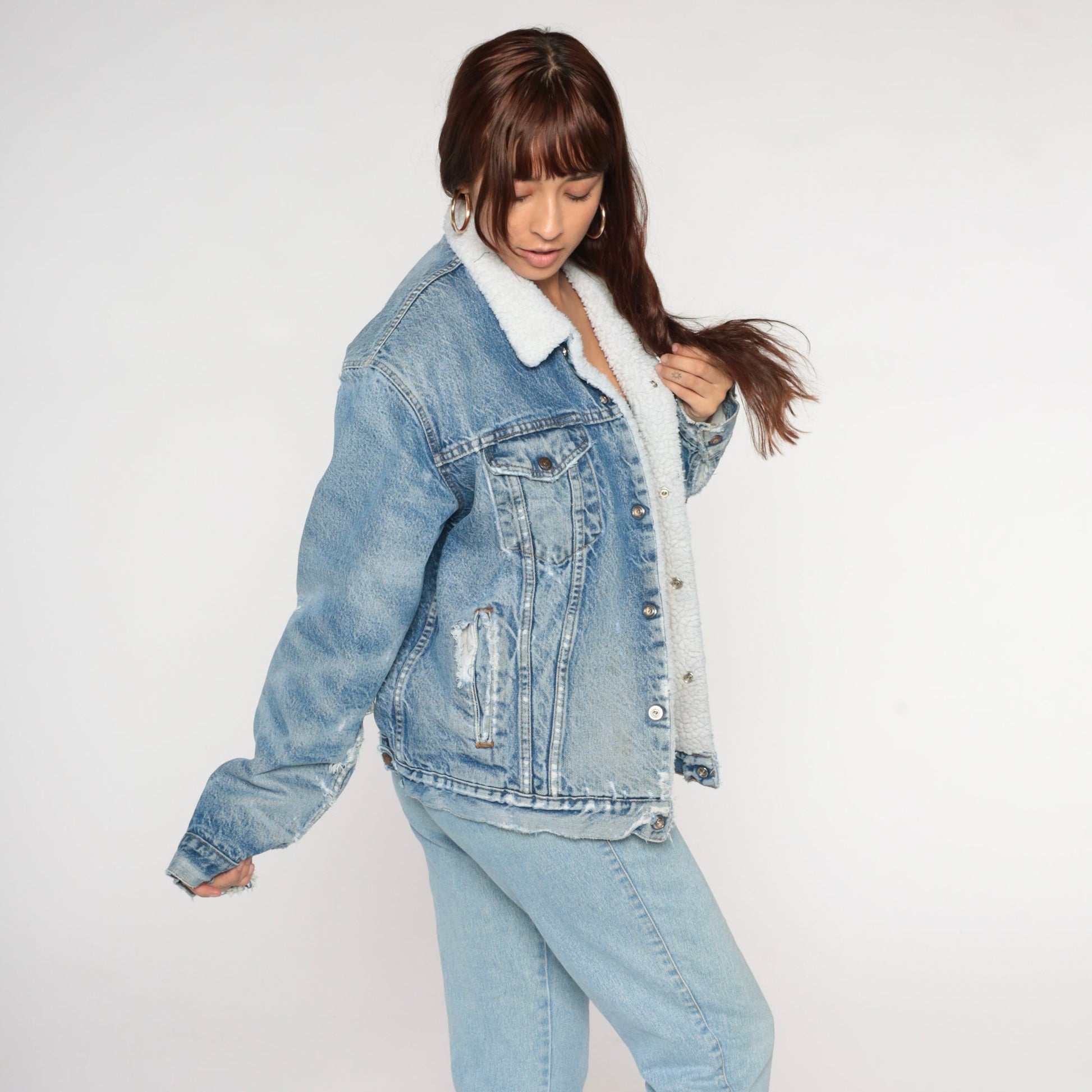 80s Levi's Sherpa Denim Jacket Blue Distressed Trucker Men's Large 44