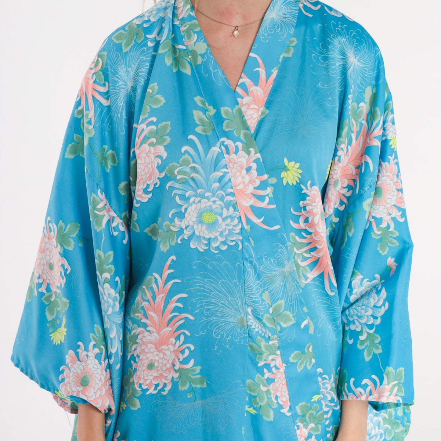 90s Blue Floral Kimono Robe Maxi Open Front Japanese Print Medium Large