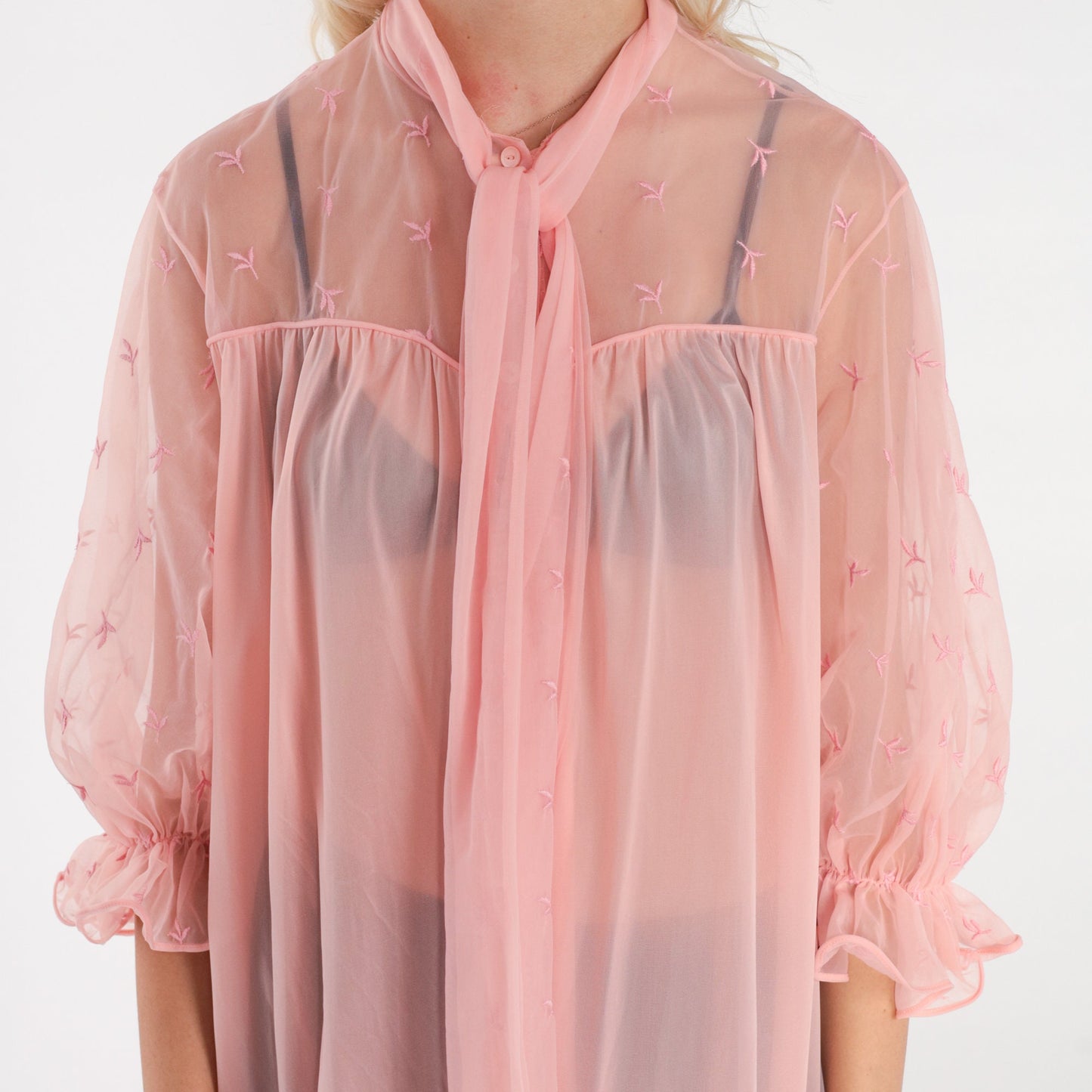 70s Vanity Fair Sheer Pink Lingerie Robe Embroidered Midi Peignoir Medium