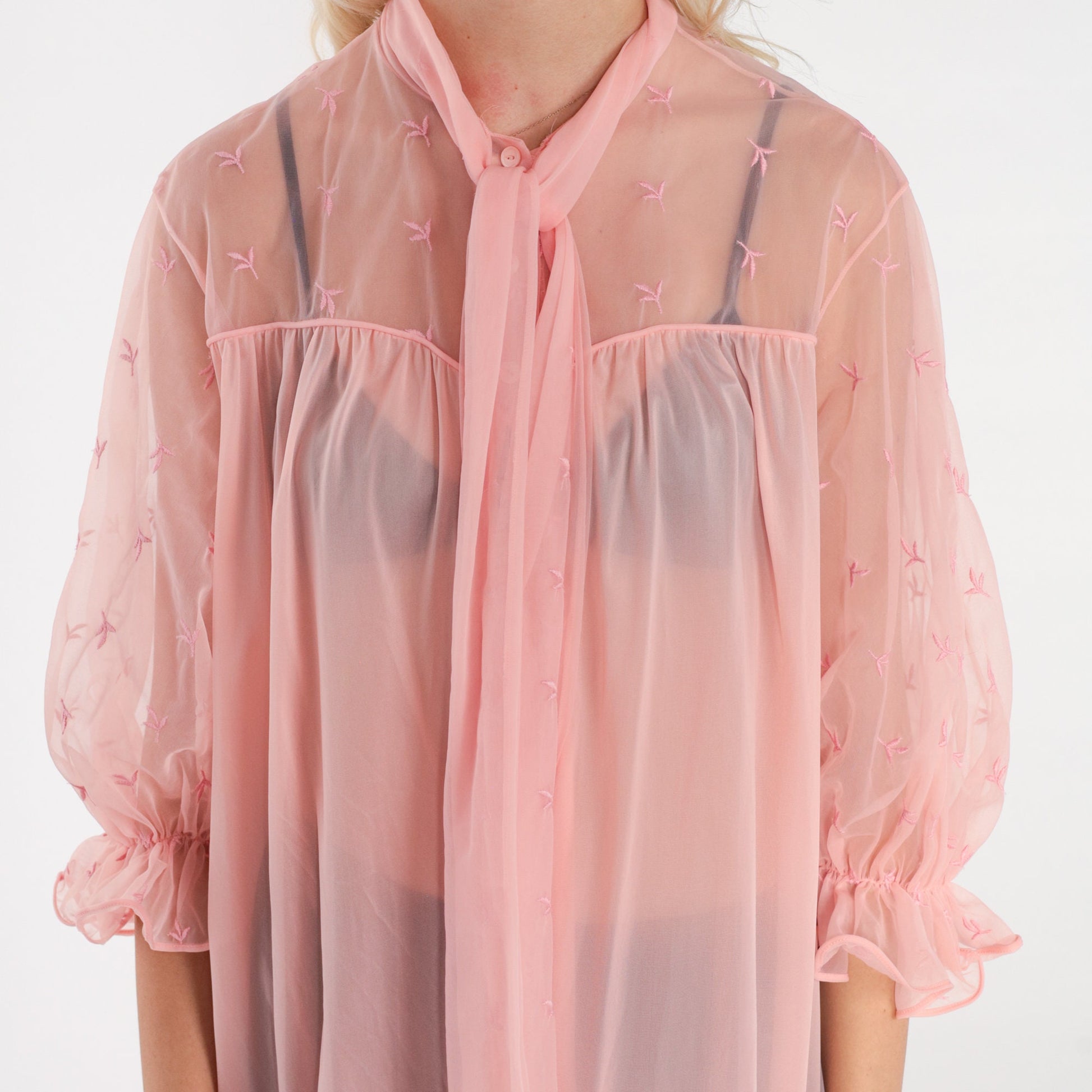 70s Vanity Fair Sheer Pink Lingerie Robe Embroidered Midi Peignoir Medium