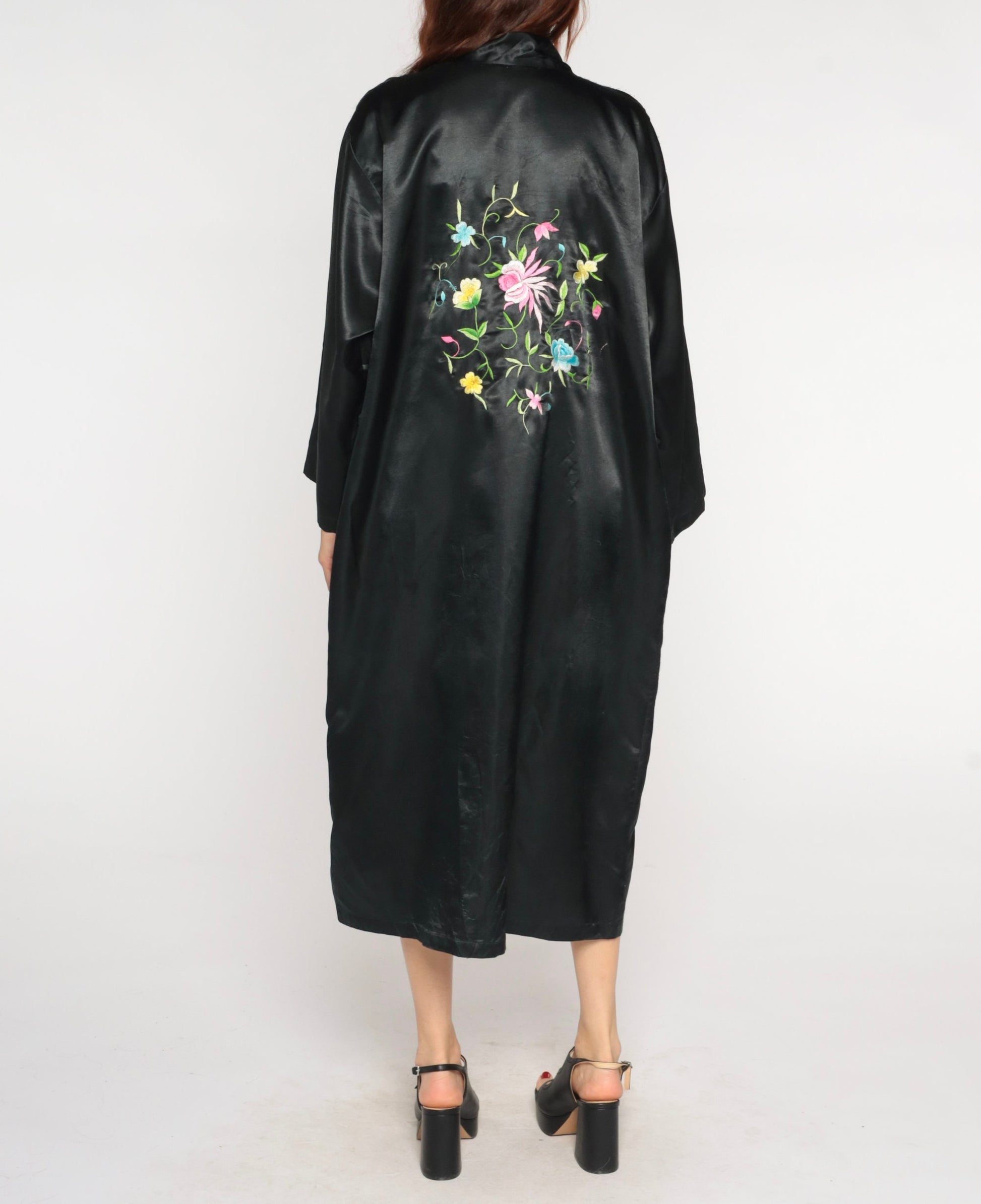 90s Black Satin Kimono Robe Floral Embroidered Open Front Maxi Medium