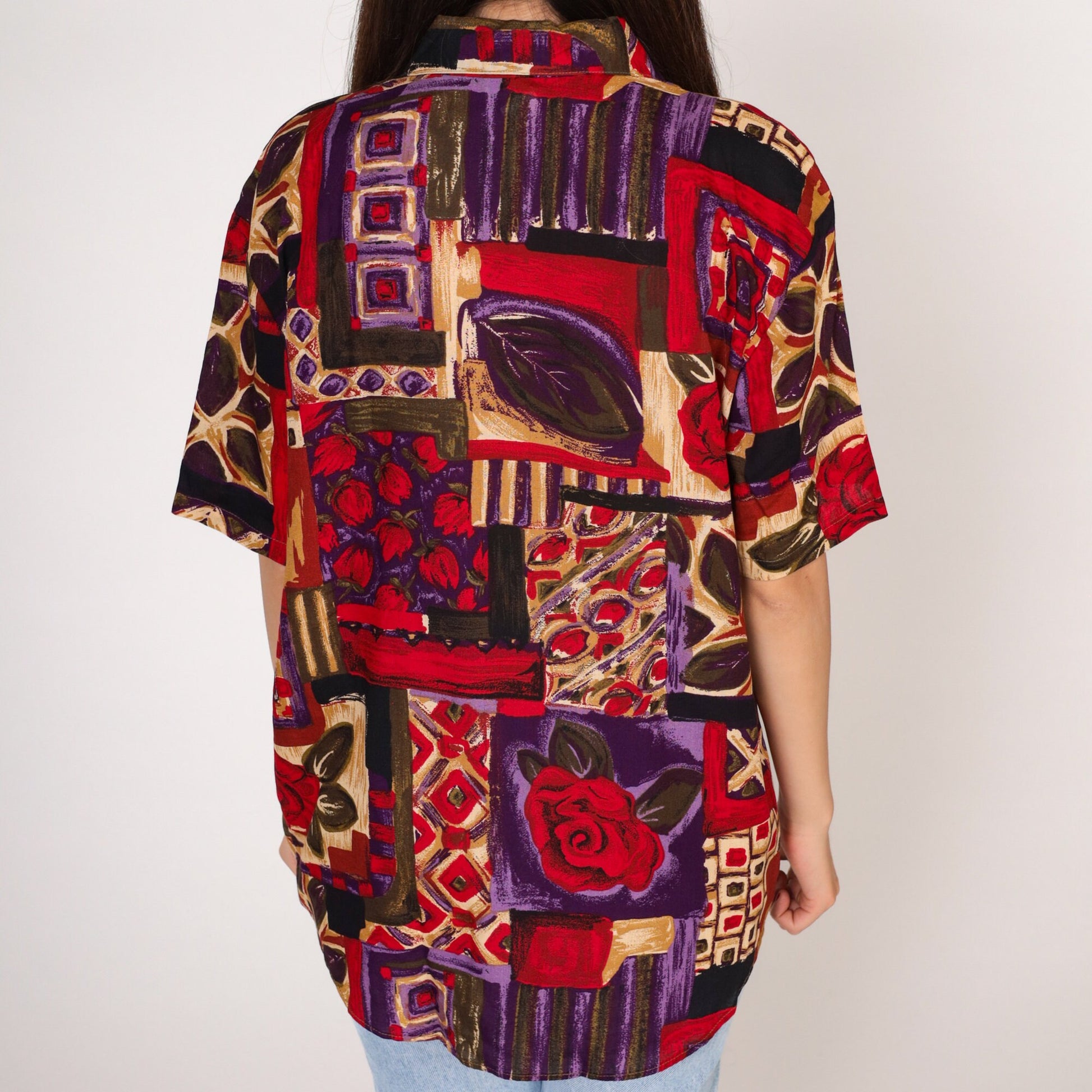 90s Jessica Scott Floral Button-Up Blouse Short Sleeve Rose Print Red Purple Medium