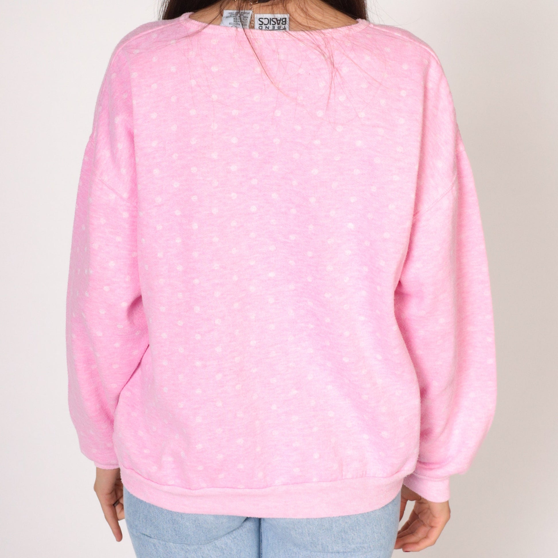 90s Polka Dot Henley Sweatshirt Pink White Quarter Button Long Sleeve Large L