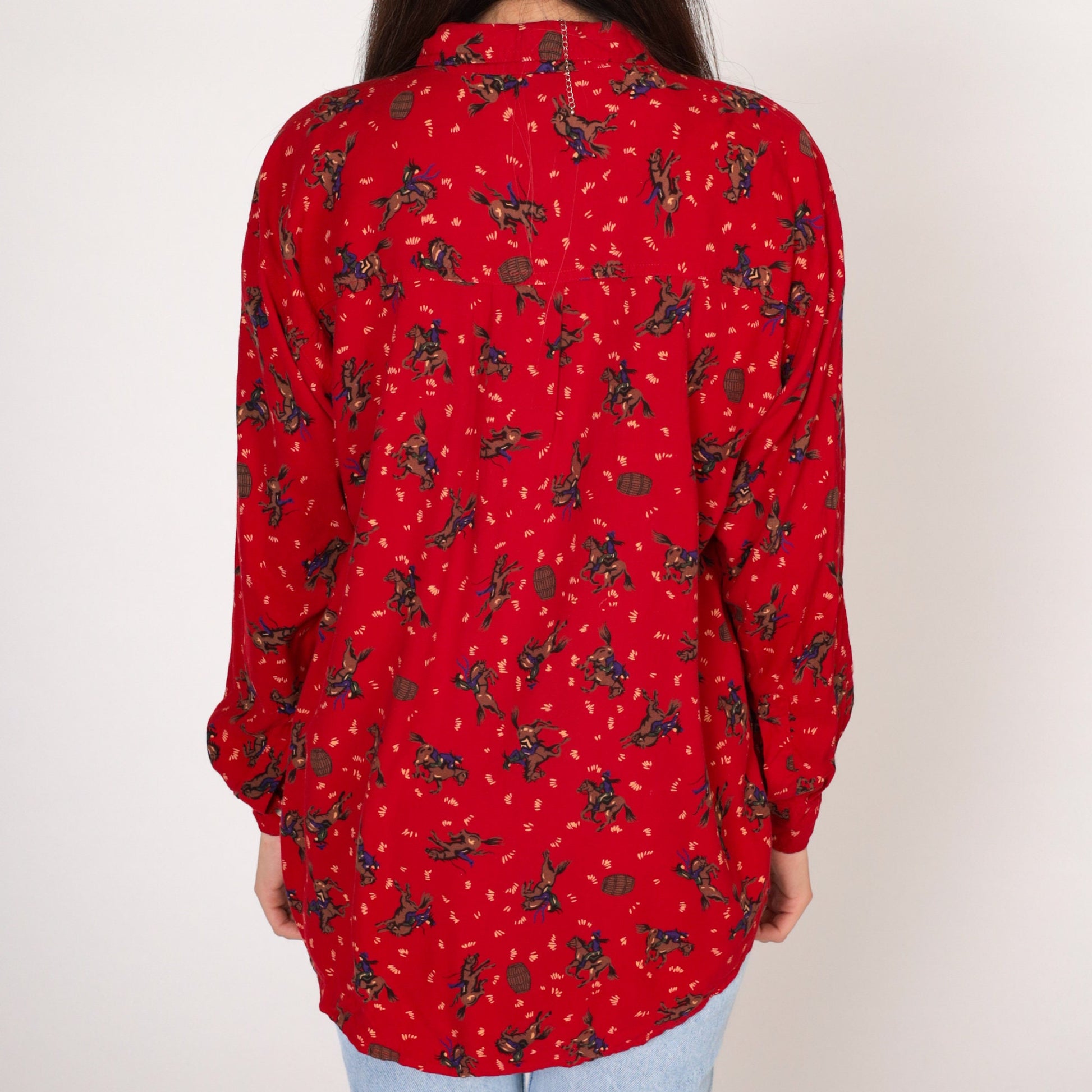 90s Ilio Rodeo Blouse Red Barrel Racing Bucking Bronco Print Button Up Medium M
