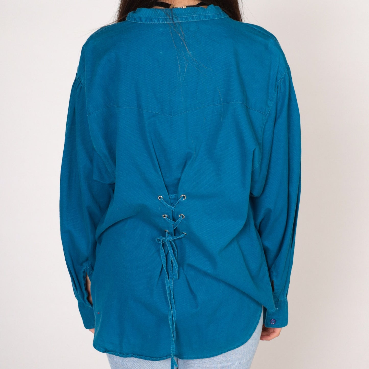 90s Wrangler Blue Western Blouse Lace-Up Back Button-Up Long Sleeve Medium