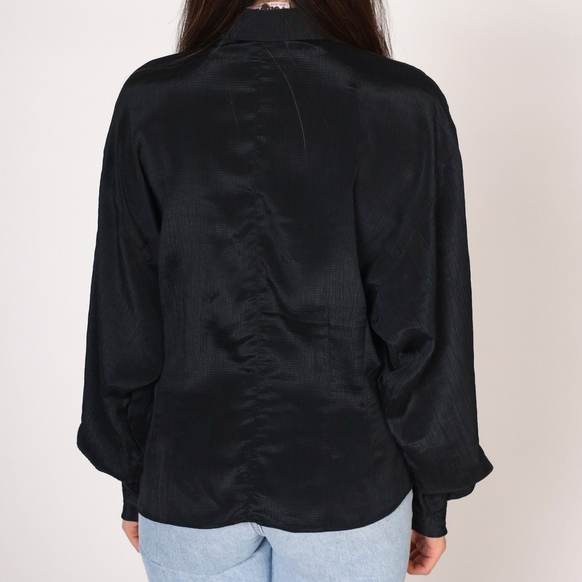 90s Forenza Black Button-Up Blouse Shiny Striped Long Sleeve Collared Medium