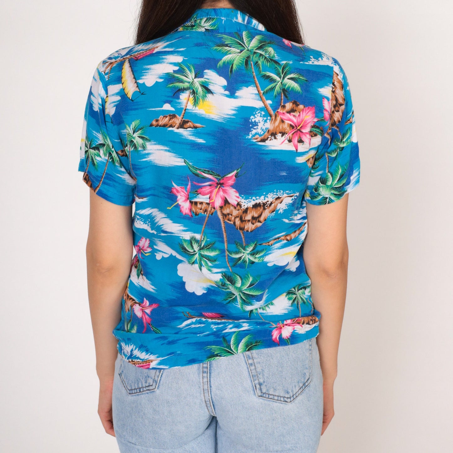 90s Blue Tropical Hawaiian Shirt Button-Up Blouse Floral Print Extra Small