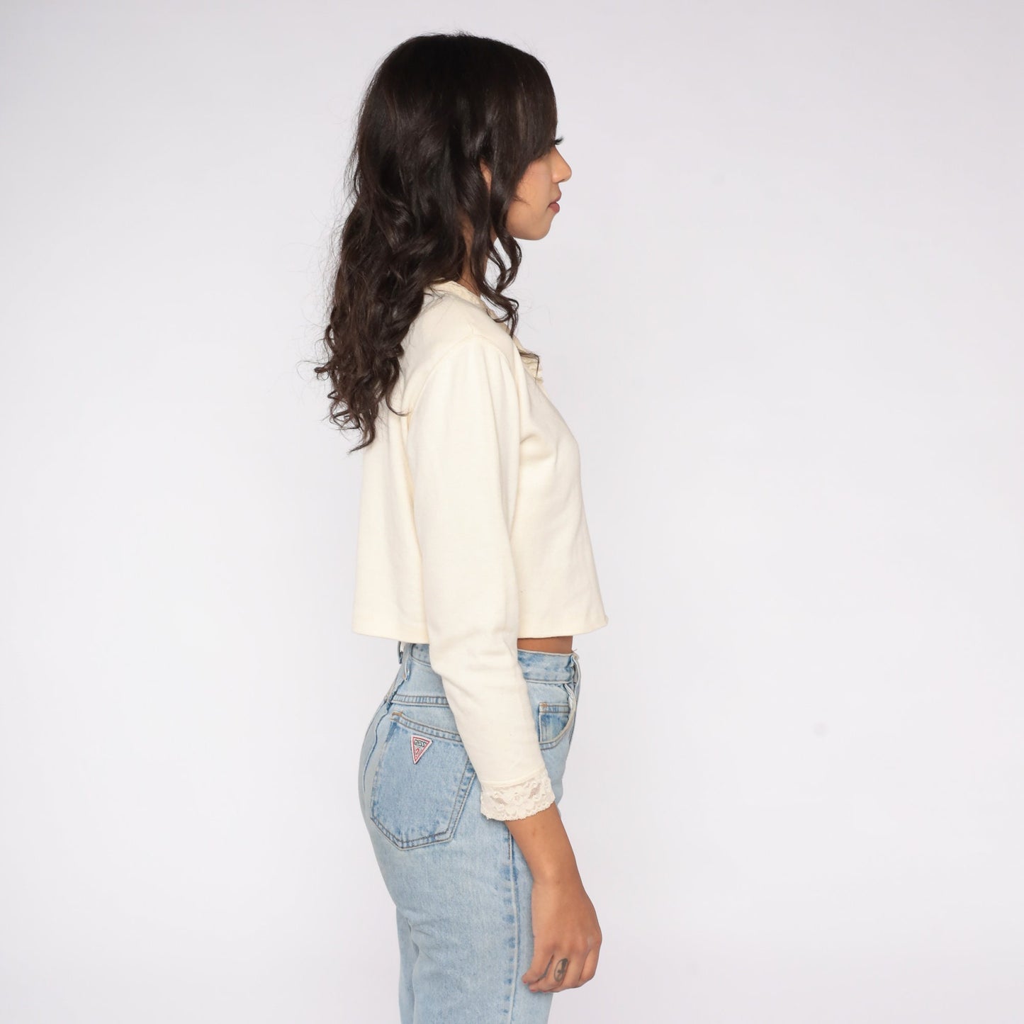 90s Cream Lace Trim Cropped Blouse Button Up Long Sleeve Small Medium