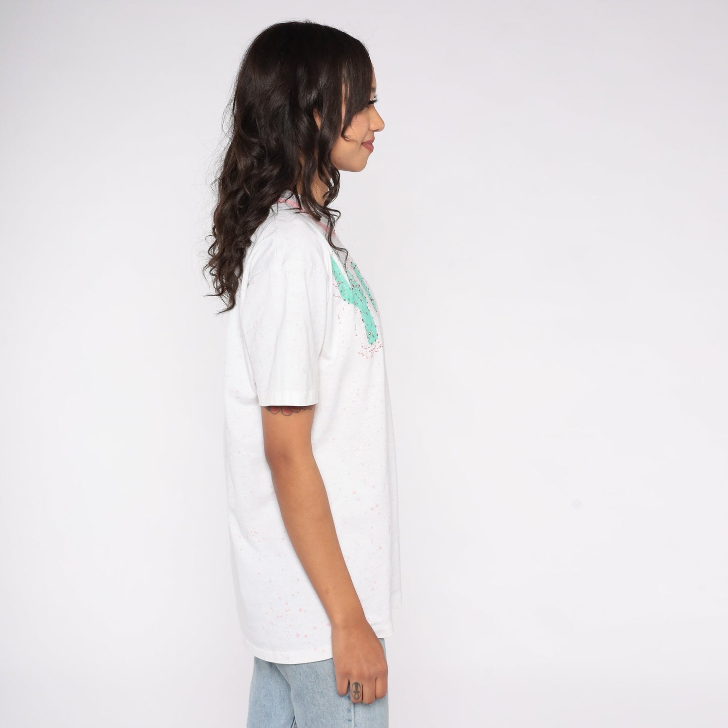 90s Saguaro Cactus Rhinestone Paint Splatter Graphic Tee White Medium