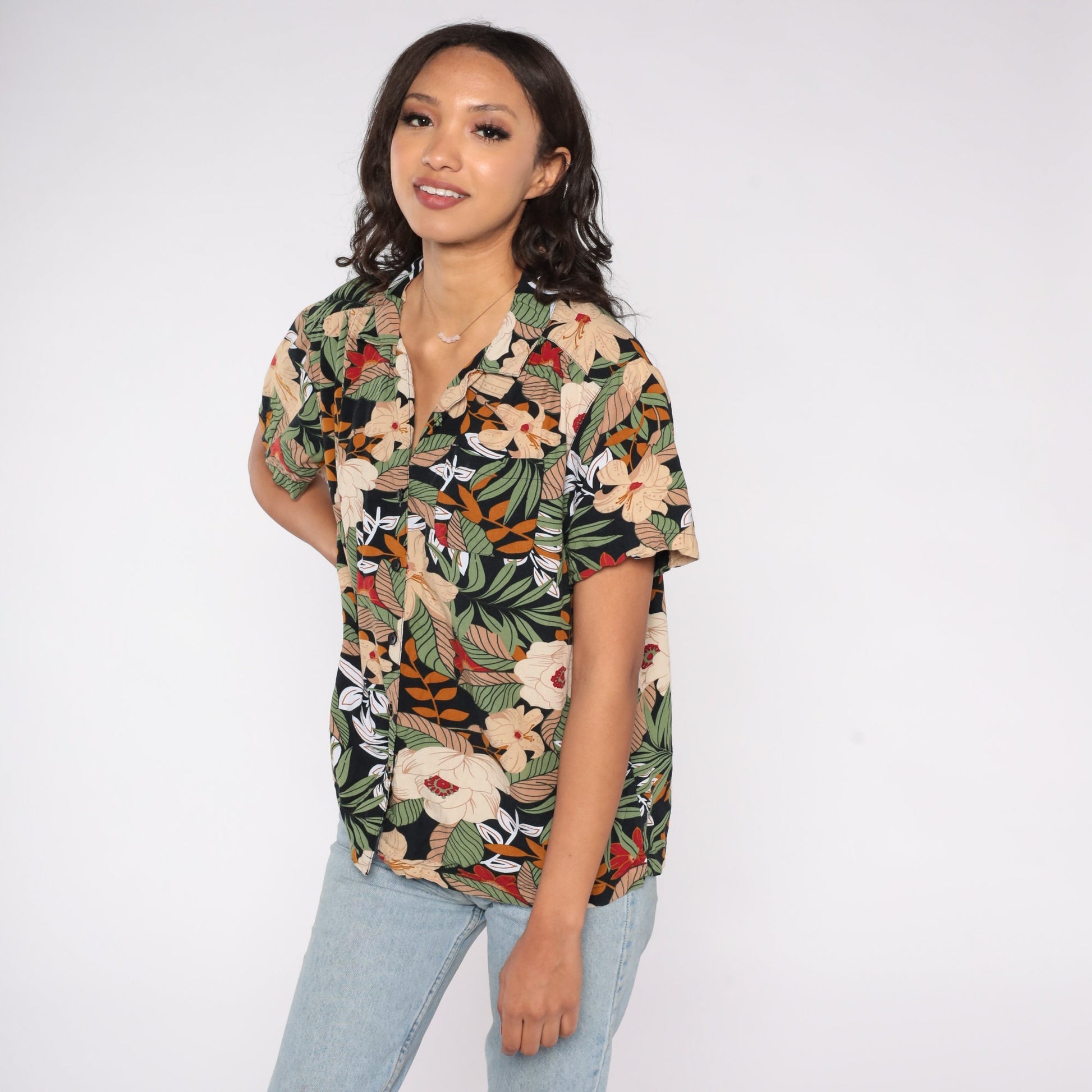 90s Tropical Floral Button Up Blouse Tan Leaf Print Short Sleeve Large L