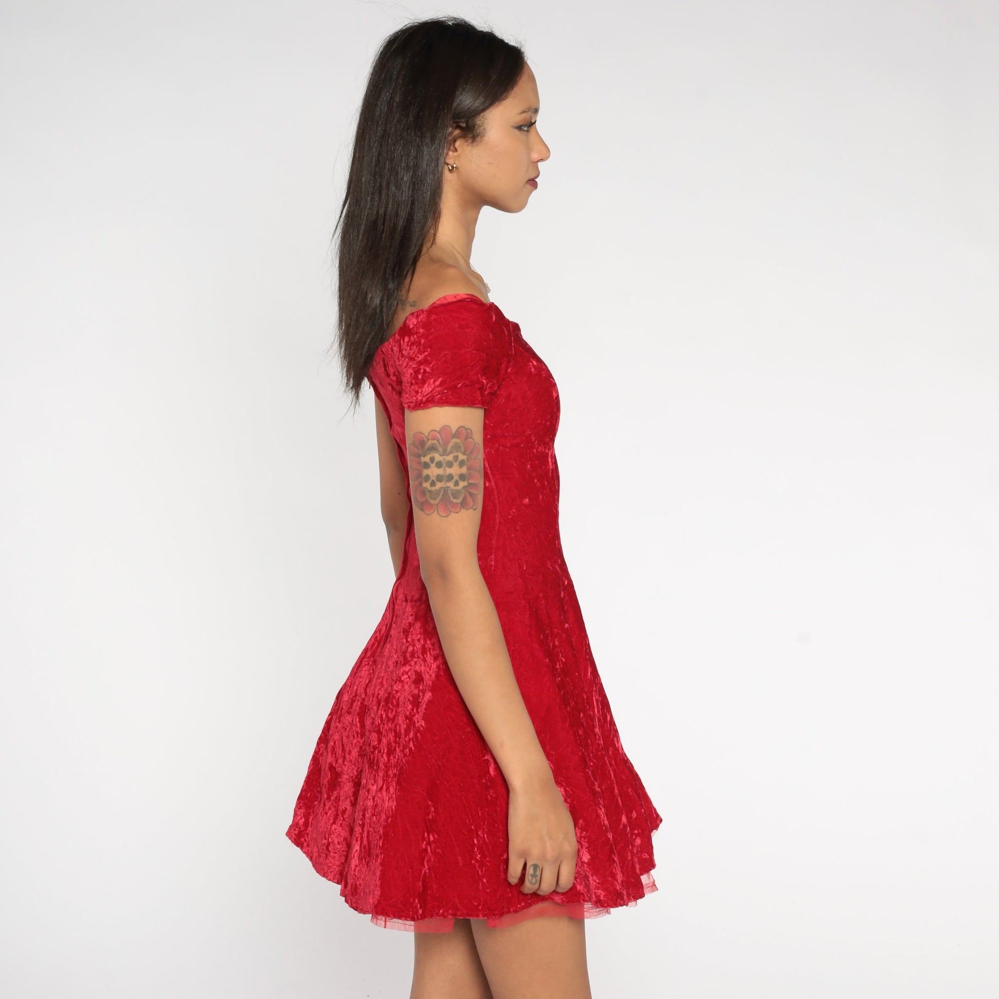 80s Red Velvet Mini Dress Off-Shoulder Scalloped Fit Flare Extra Small