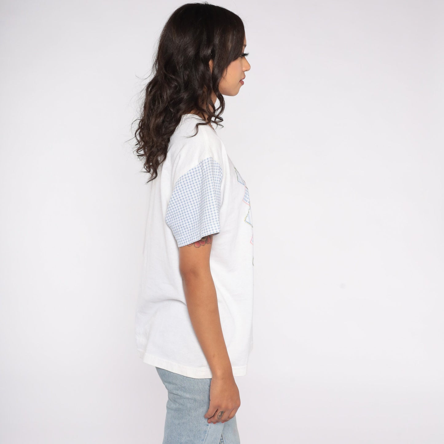 90s Floral Beaded T-Shirt White Glitter Graphic Tee Rhinestone Medium