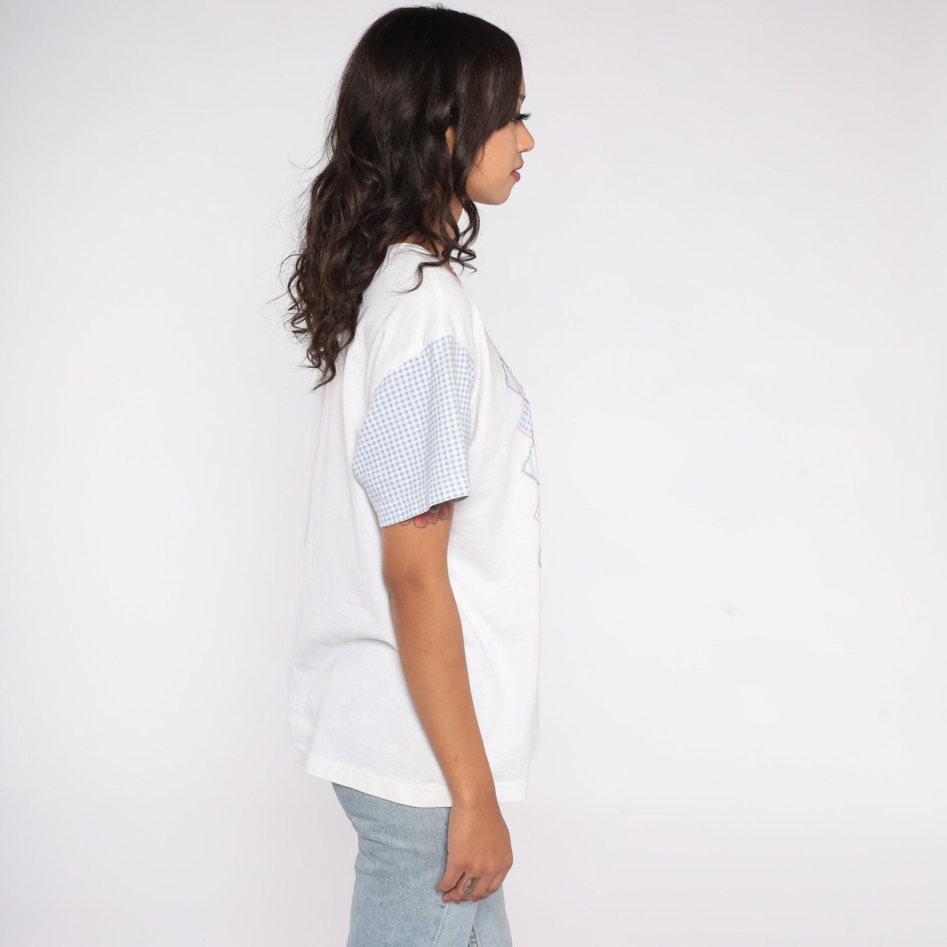 90s Floral Beaded T-Shirt White Glitter Graphic Tee Rhinestone Medium