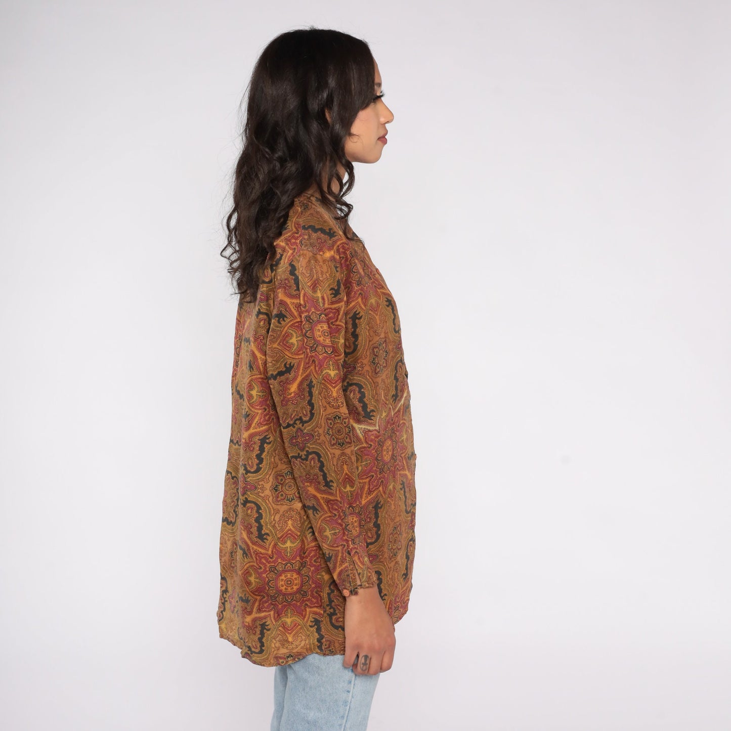 90s Geometric Print Button-Up Blouse Brown Yellow Long Sleeve Large L