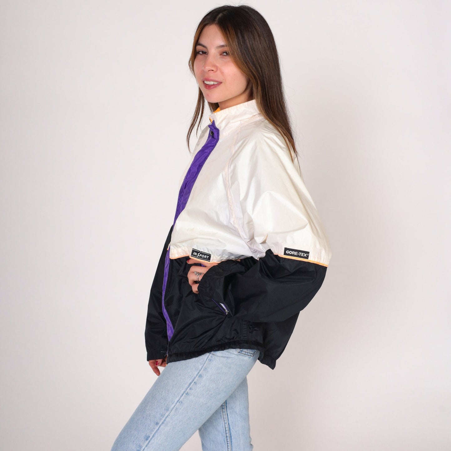 90s Goretex Windbreaker Jacket Off-White Black Colour Block Yellow Purple Large