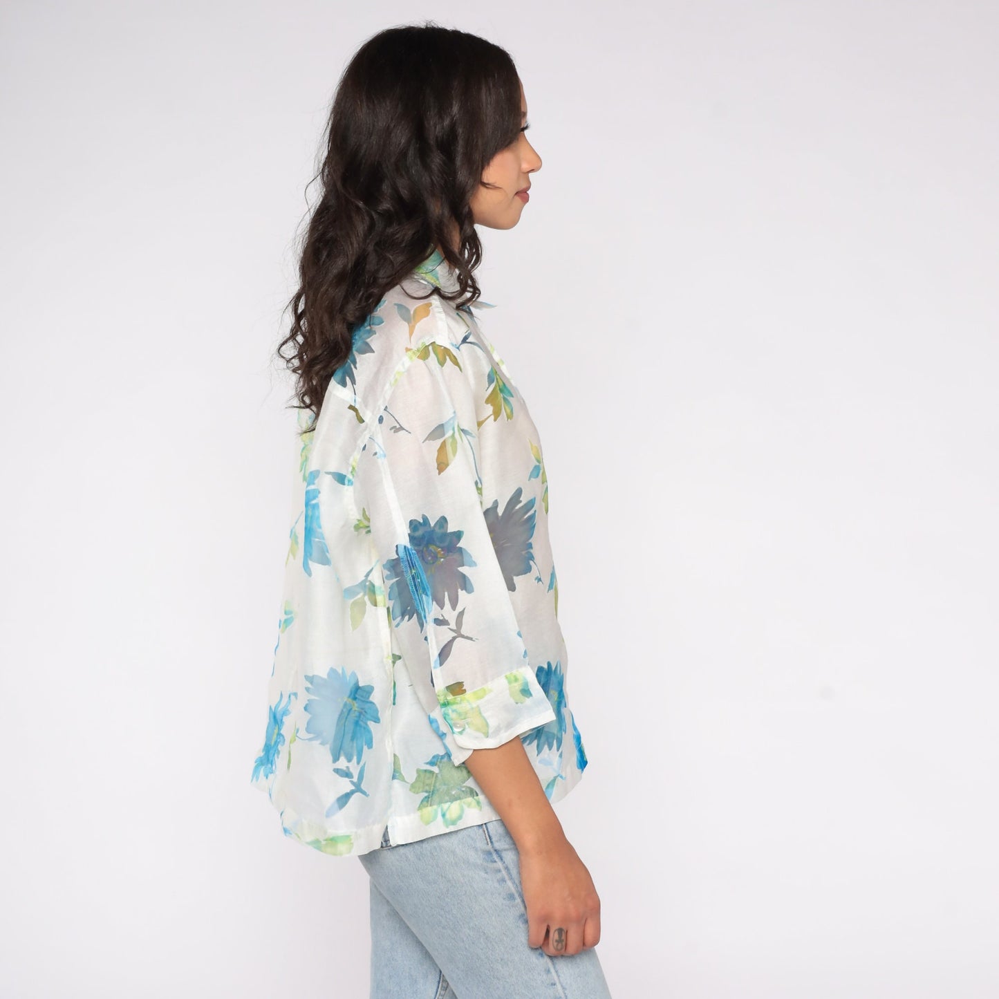 Y2K Sheer Floral White Button-Up Blouse Long Sleeve Collar Extra Large