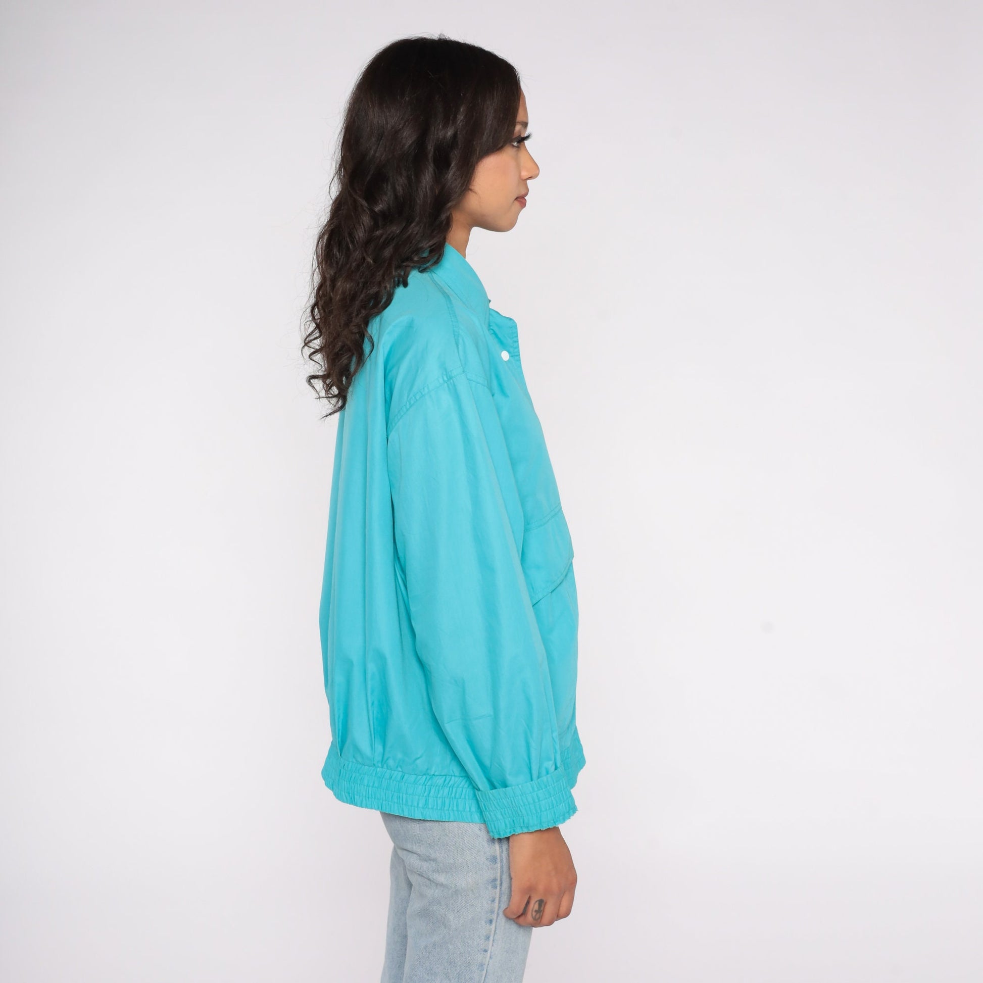 80s Koret Windbreaker Jacket Turquoise Blue Snap Button Large