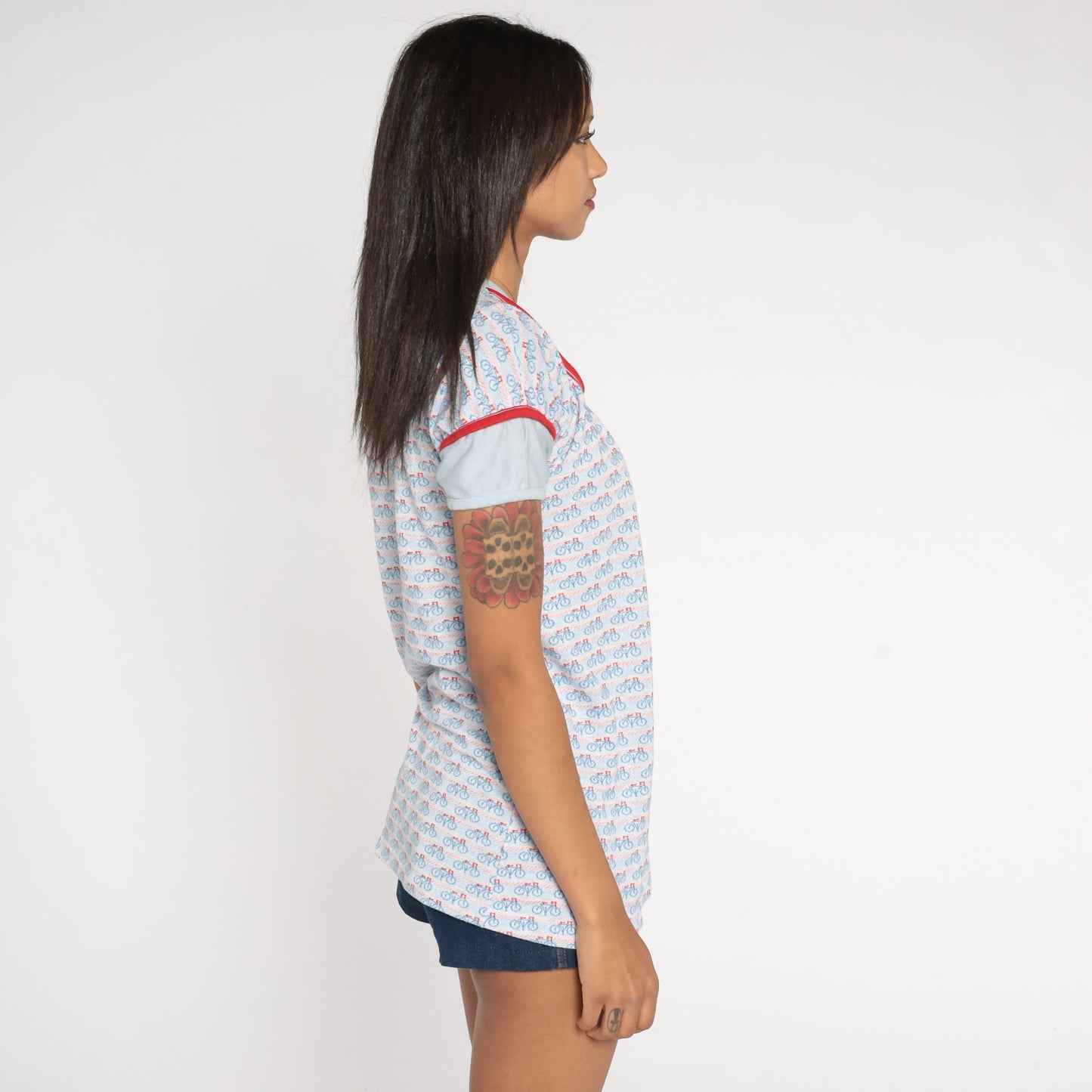 70s Bicycle Graphic Babydoll Tee Red White Blue Yoke Extra Small