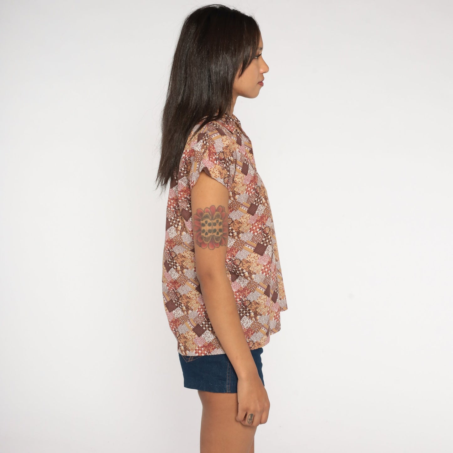 70s Floral Patchwork Blouse Brown Calico Print Tunic Short Sleeve Medium