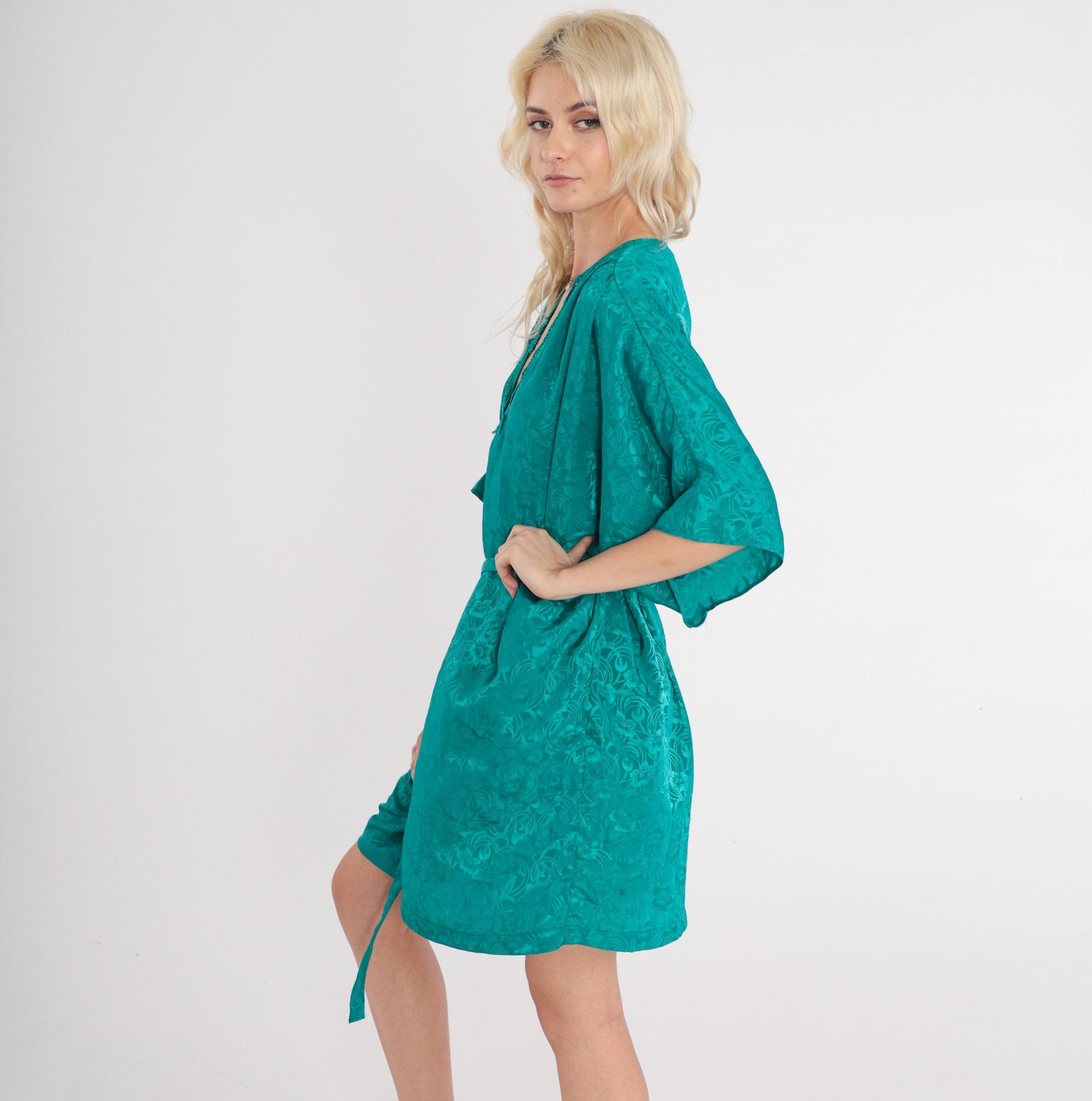 90s Val Mode Green Floral Embossed Pajama Robe Tie Front Mini Small S