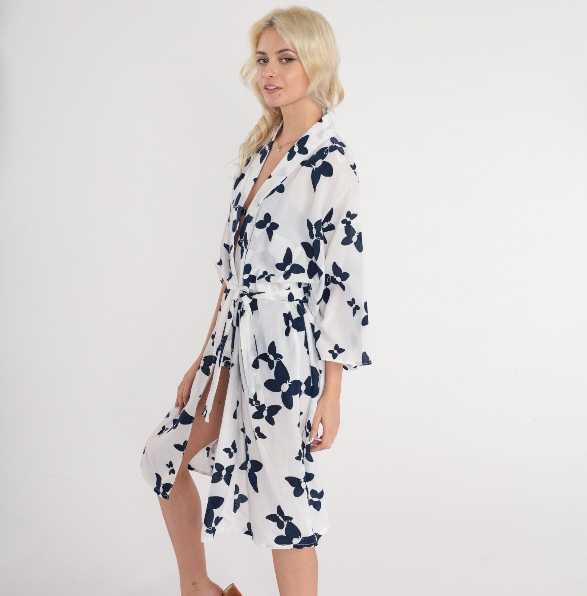 90s White Butterfly Kimono Robe Tie Front Cotton Mini Jacket Medium