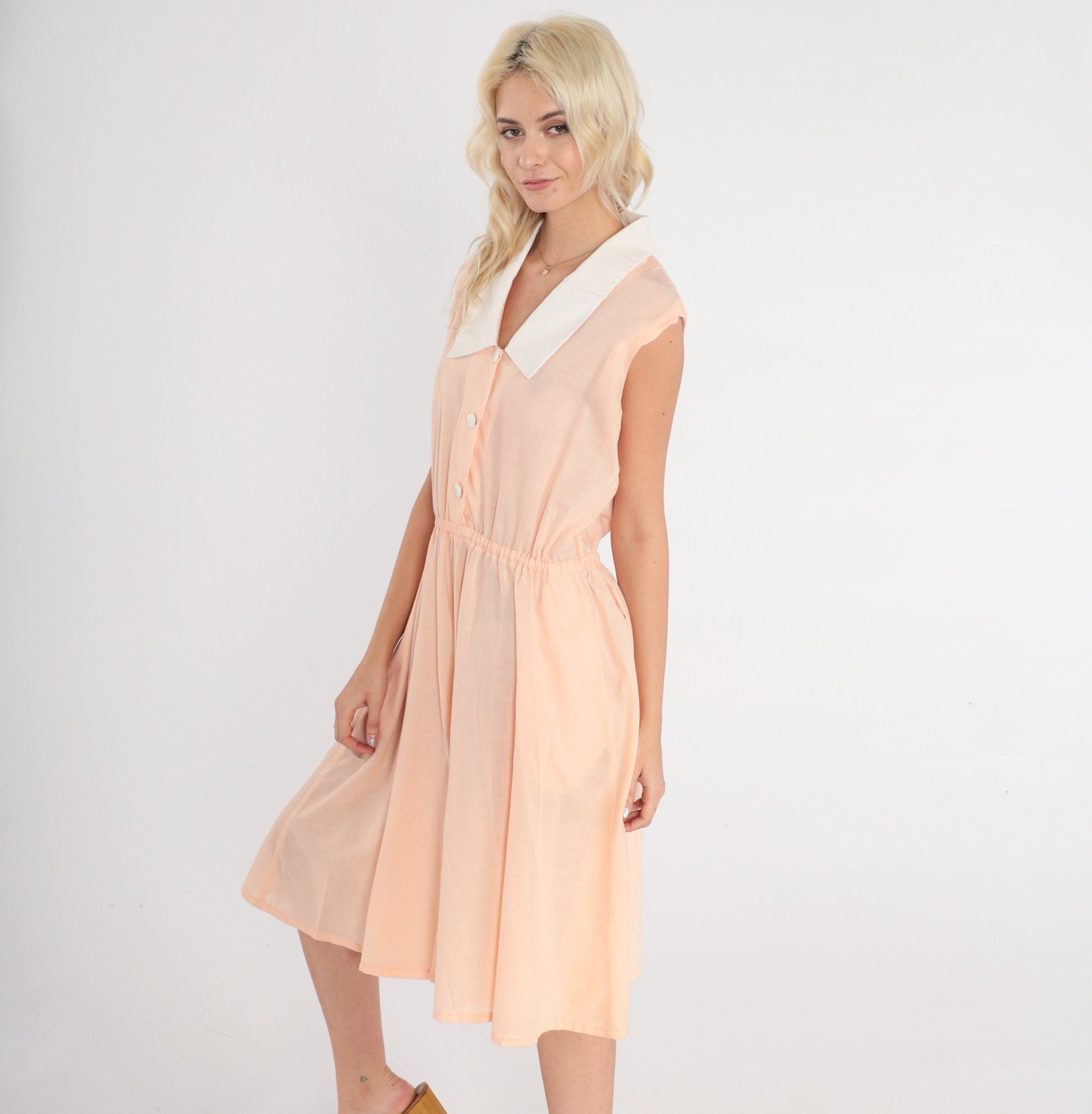 70s Peachy Pink Shirtwaist Dress Sleeveless Midi Collared Button-Up Medium