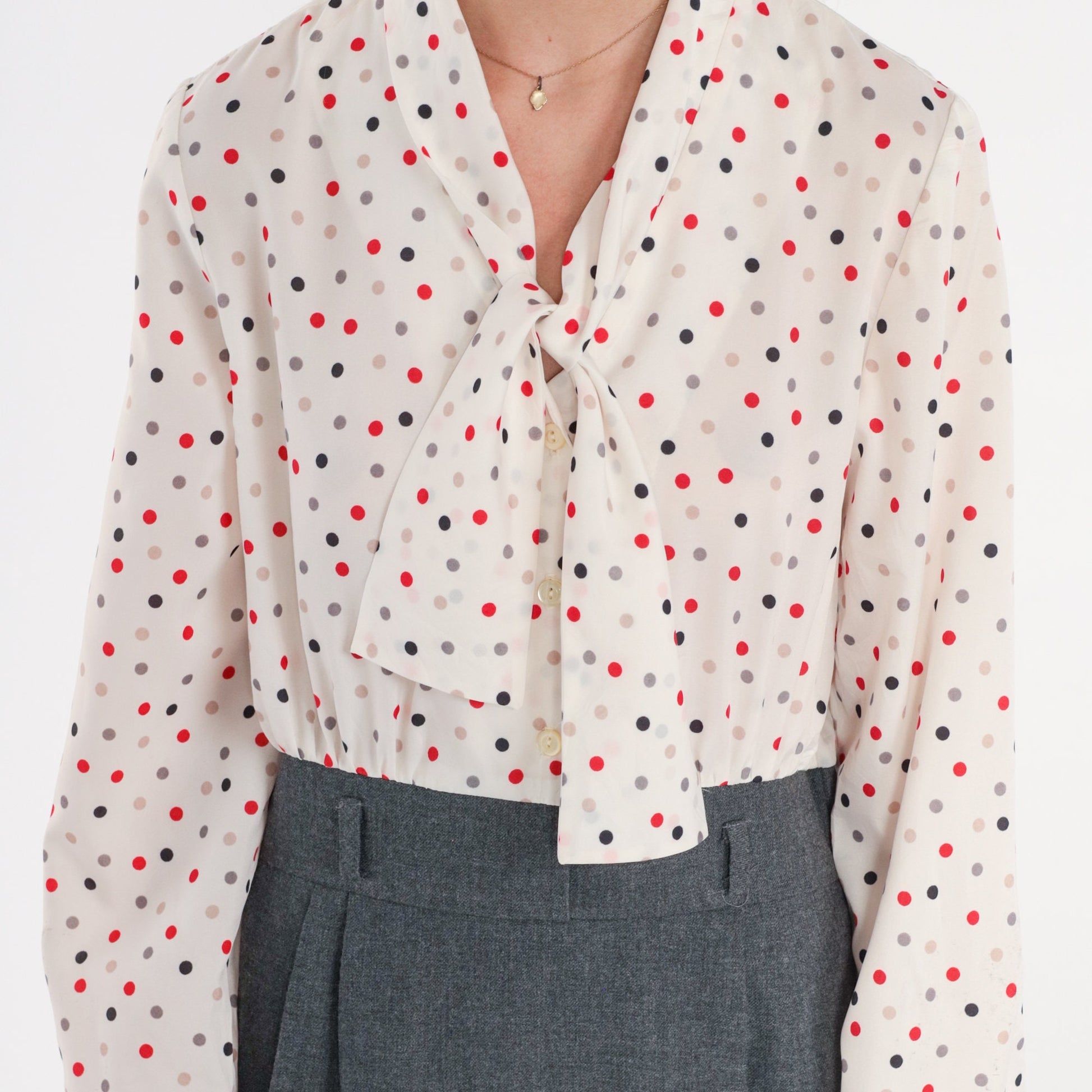 80s Polka Dot Ascot Midi Dress High Waisted Shirtwaist Grey White Medium