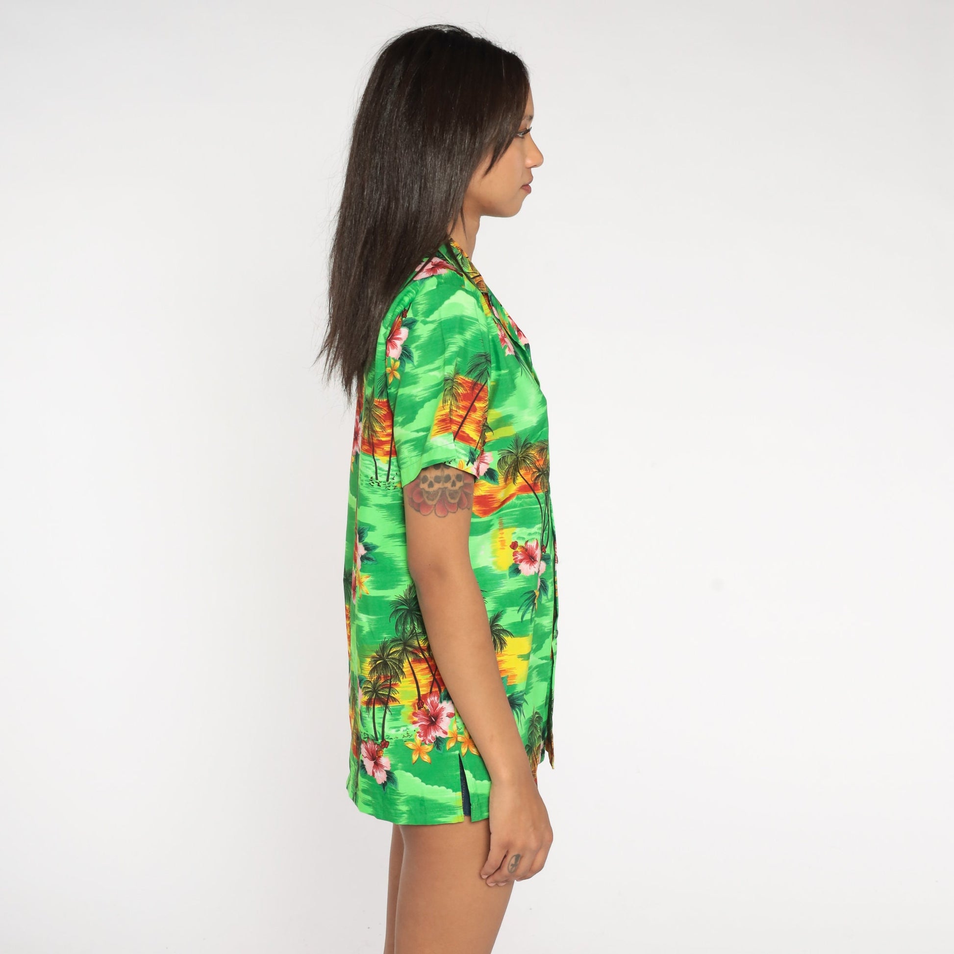 80s Neon Green Tropical Floral Hawaiian Button-Up Shirt Palm Tree Print Medium