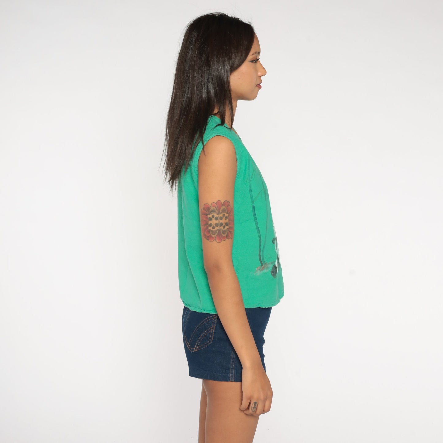 80s Panda Graphic Tank Top Green Painted Animal Print Cotton Small